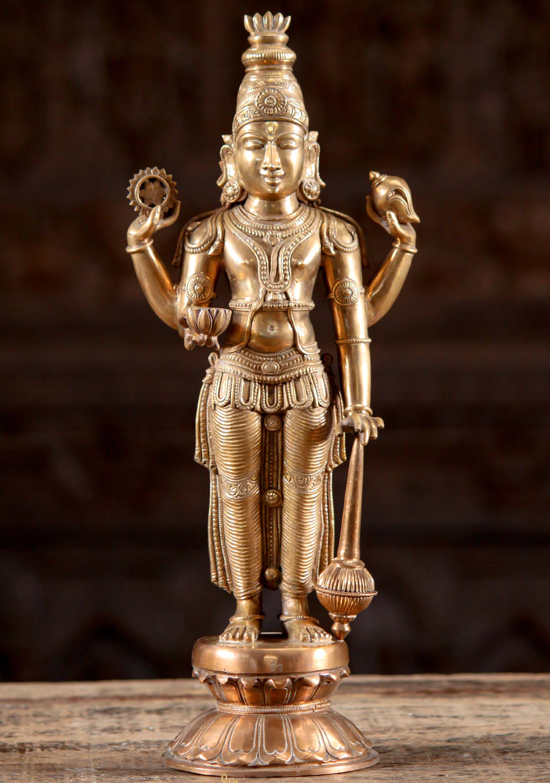 Bronze Sculpture of Vishnu as Guruvayoorappan with Conch, Club, Lotus Flower, & Chakra 15"