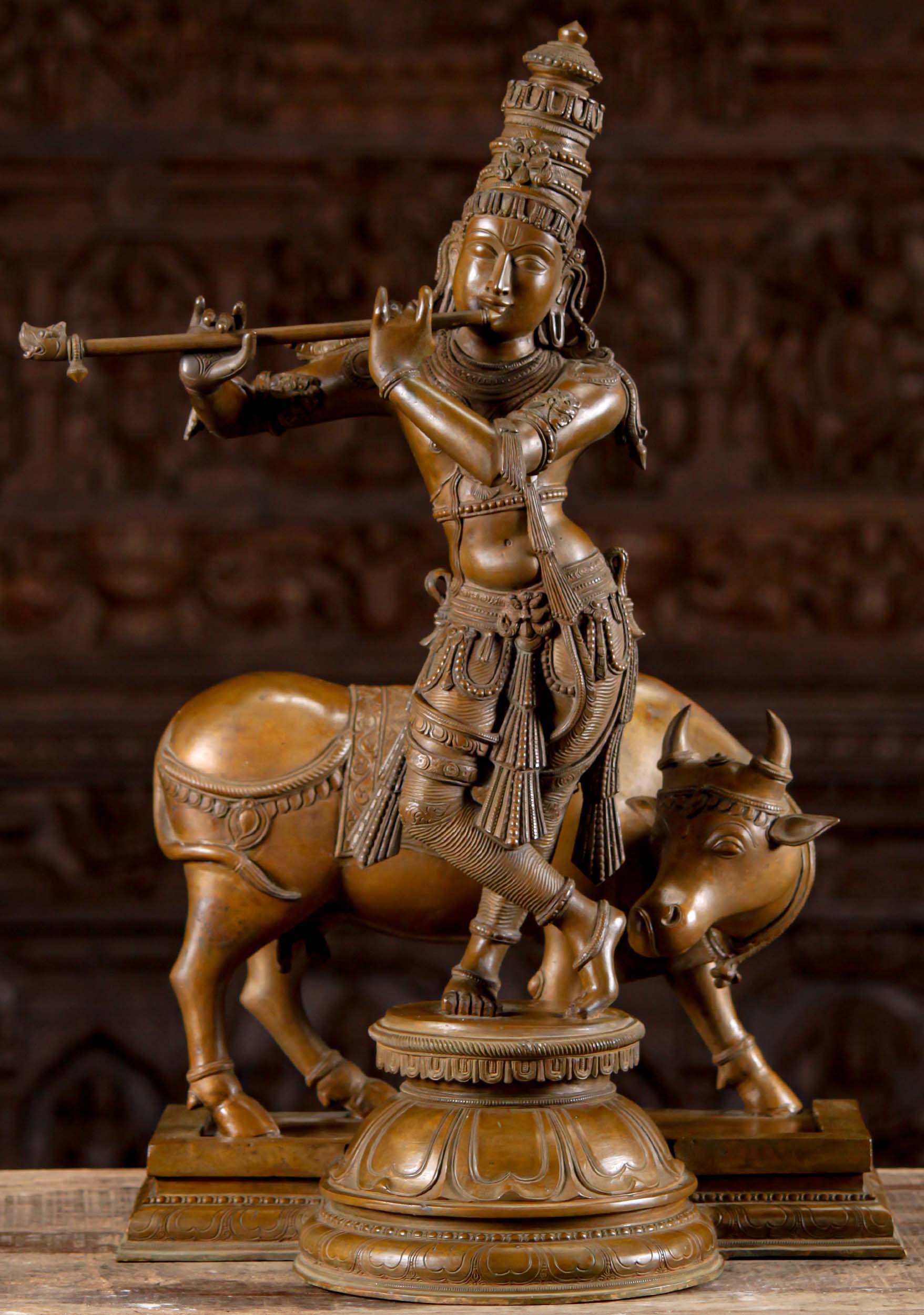 Bronze Gopal Krishna Statue with Cow 25"