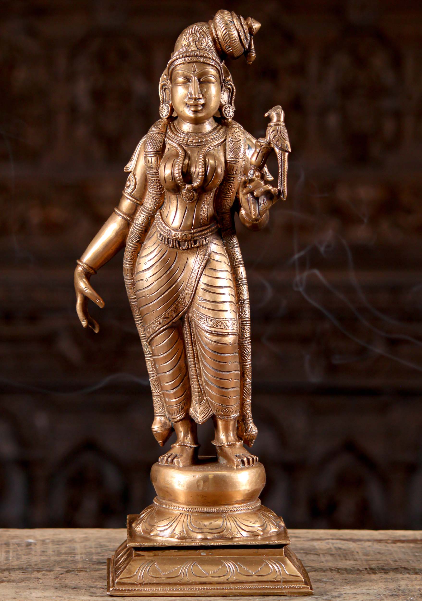 Bronze Vaishnavite Saint, Andal Statue with Parrot Only Female of the 12 Alvar Saints 18"