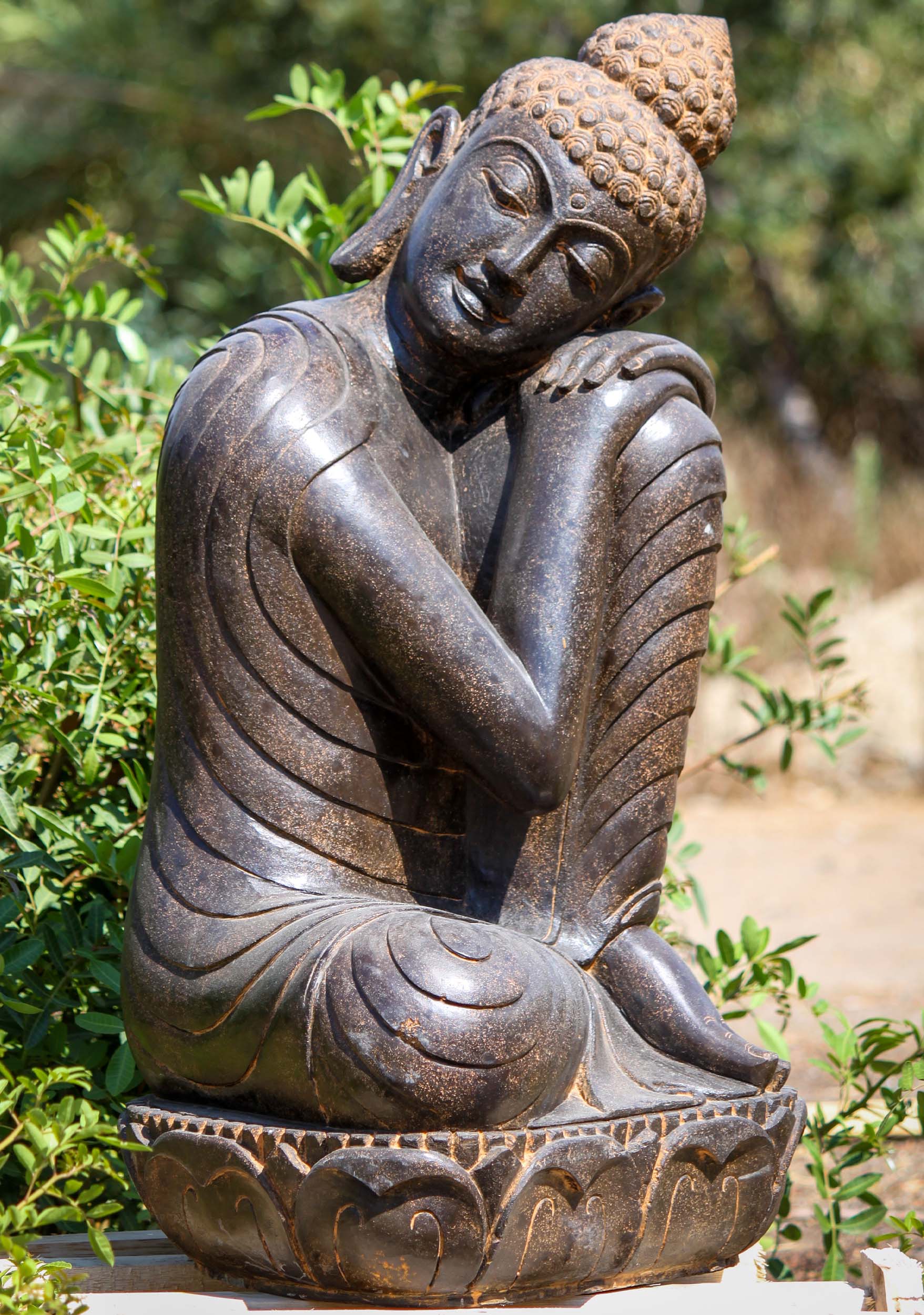 Lava Stone Buddha Resting in Full Robes Outdoor Statue for Garden on Lotus Base 35"