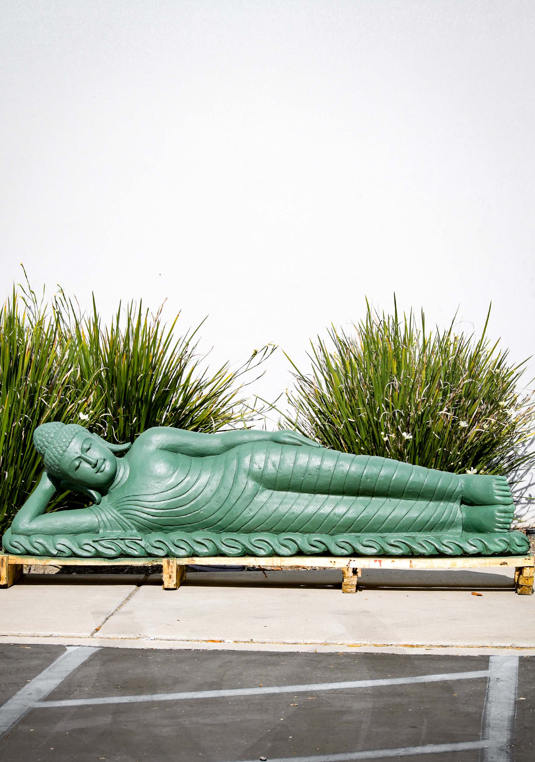 Stone Reclining Garden Buddha Sculpture Painted Green Hand Carved Java, Indonesia 83"