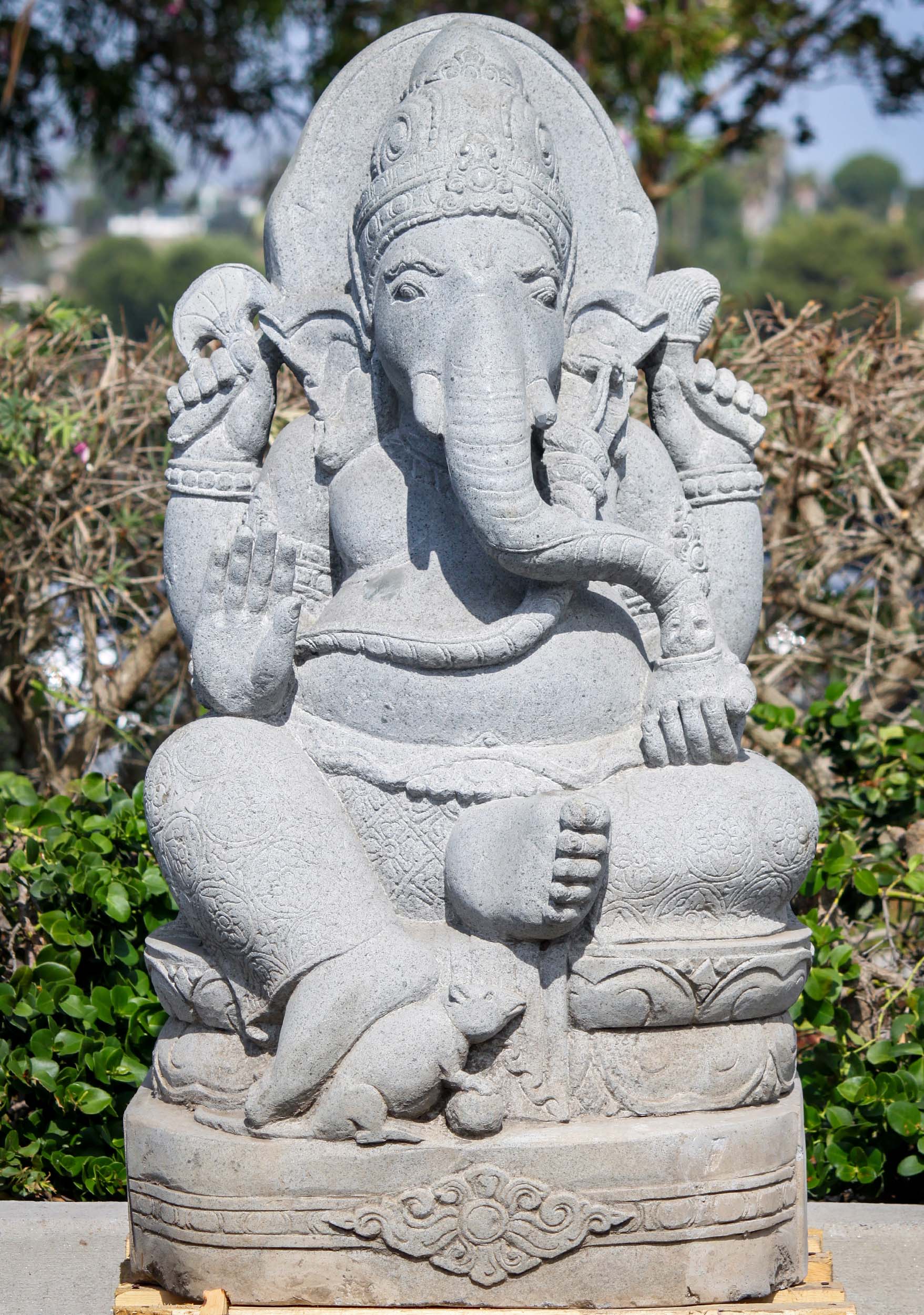 Large Hand Carved Lava Stone Seated Ganesh Sculpture Remover of Obstacles 43"