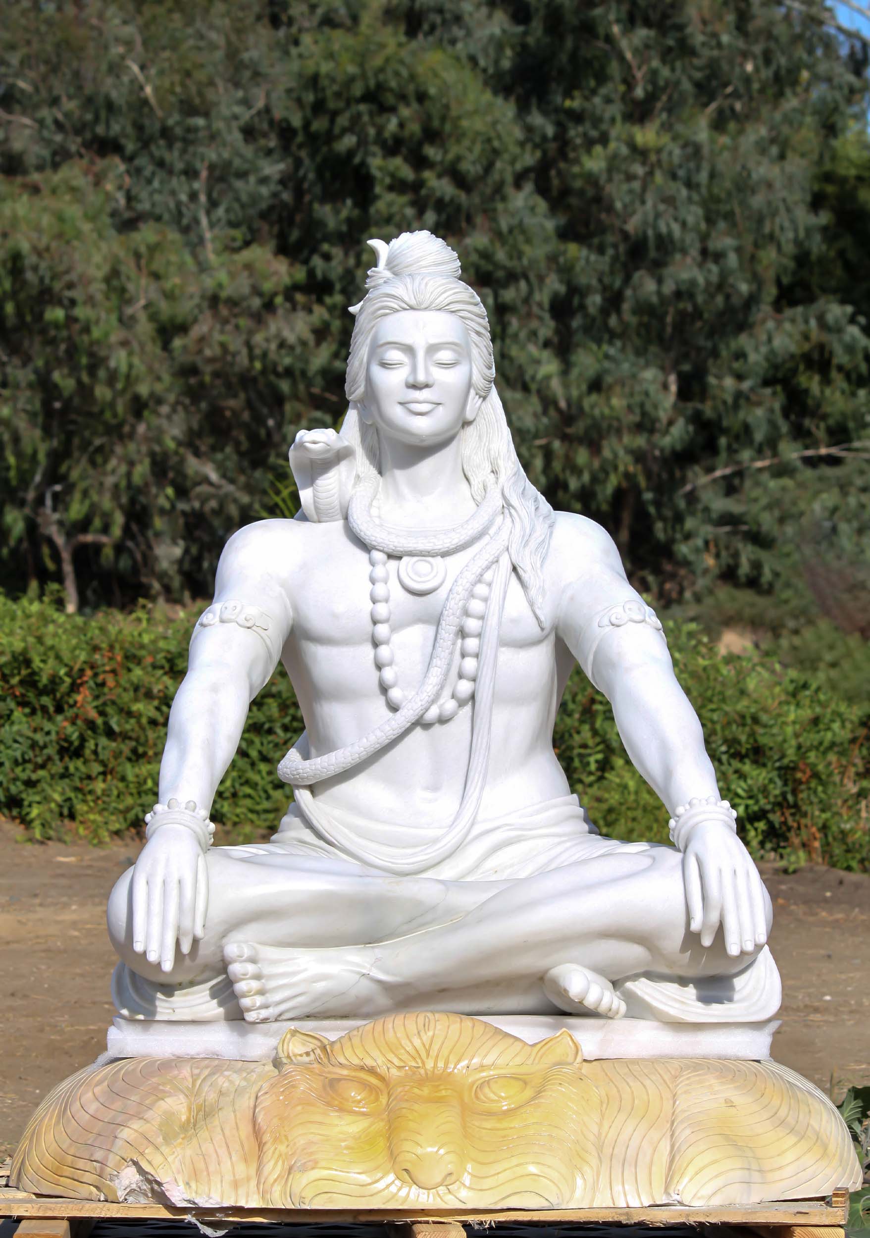 White Marble Shiva Meditating on Tiger Skin Hand Carved Garden Statue 48"