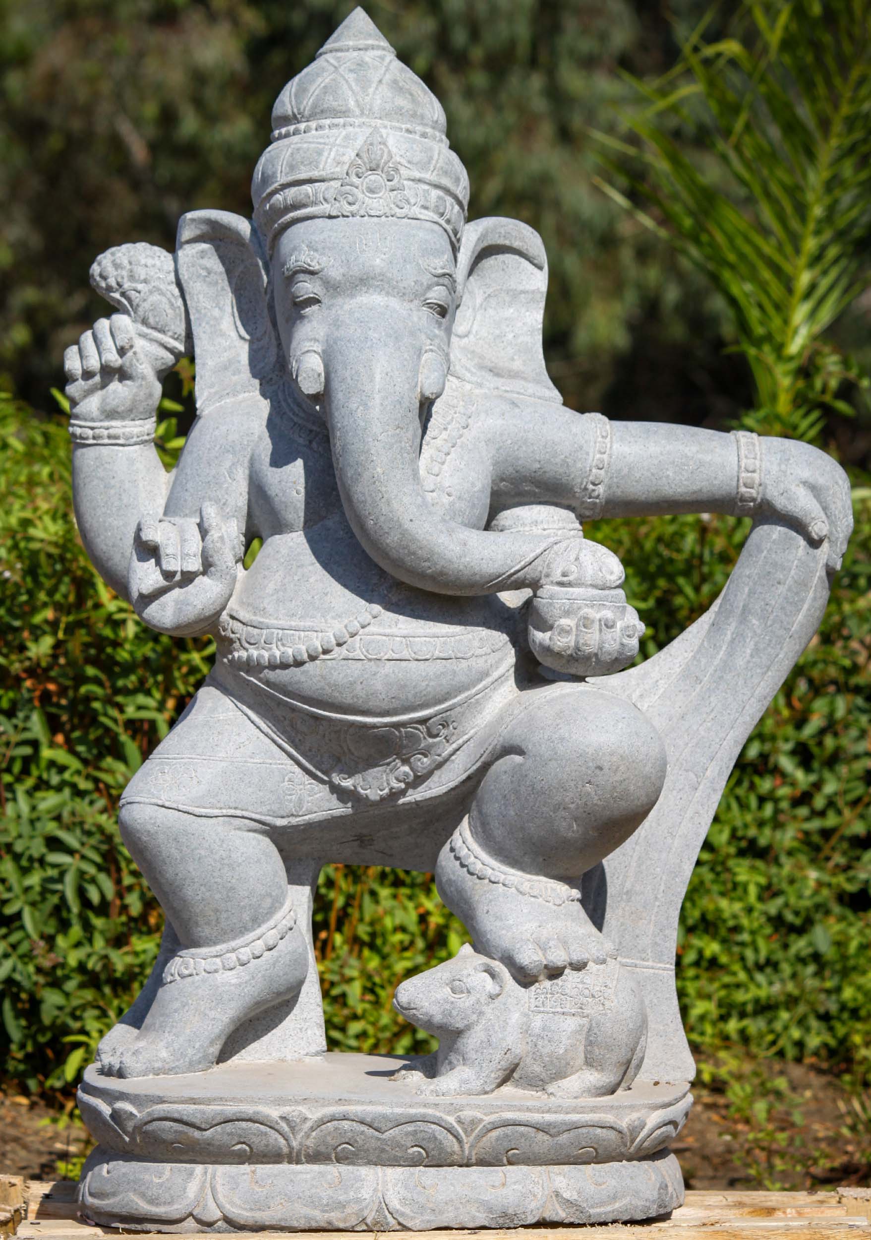 Large Stone Ganesh Dancing with Rat on Lotus Base Hand Carved Outdoor Garden Statue 40"