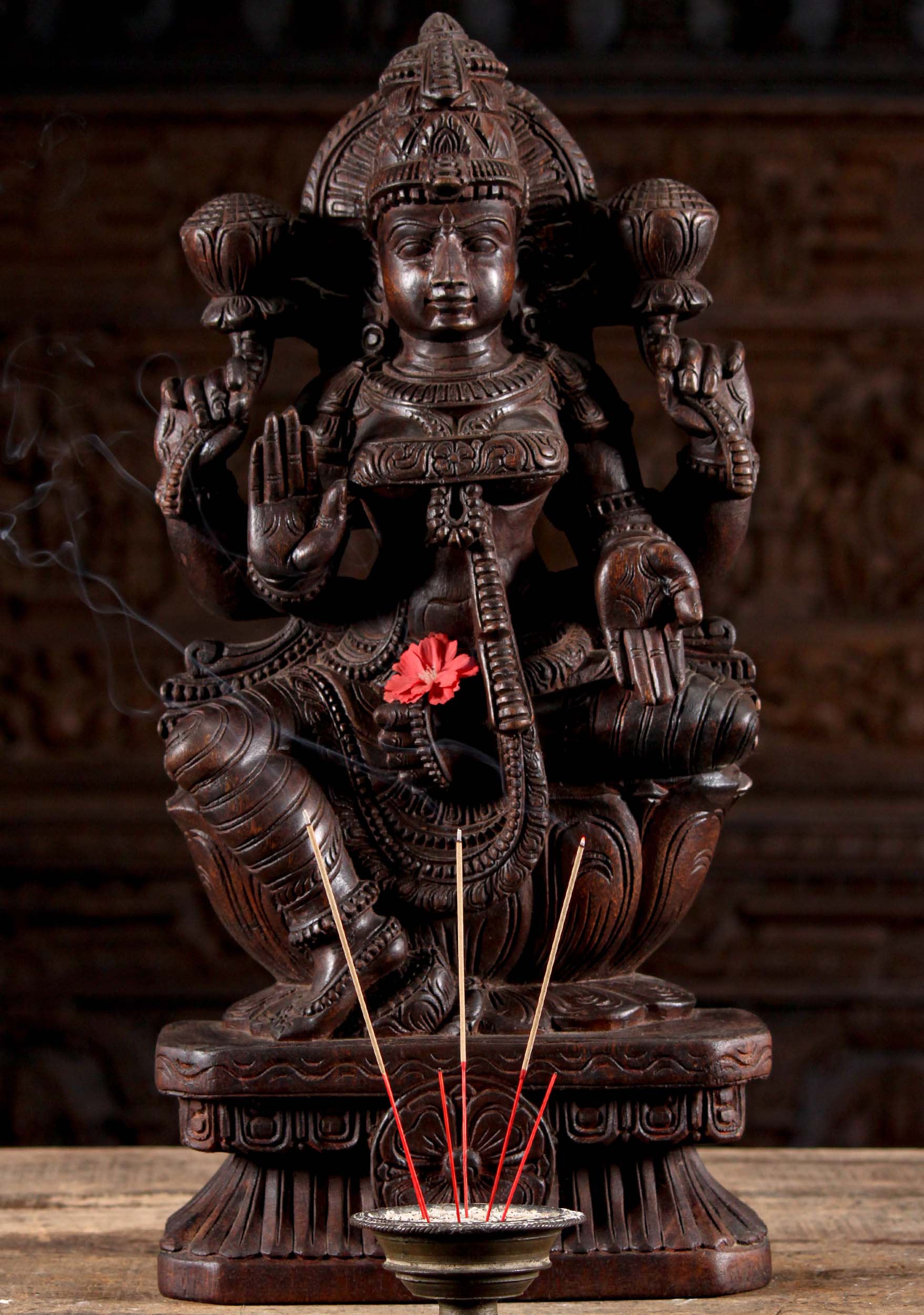 Hand Carved Wooden Seated Lakshmi Statue Granting Boons in Abhaya Murda 24"