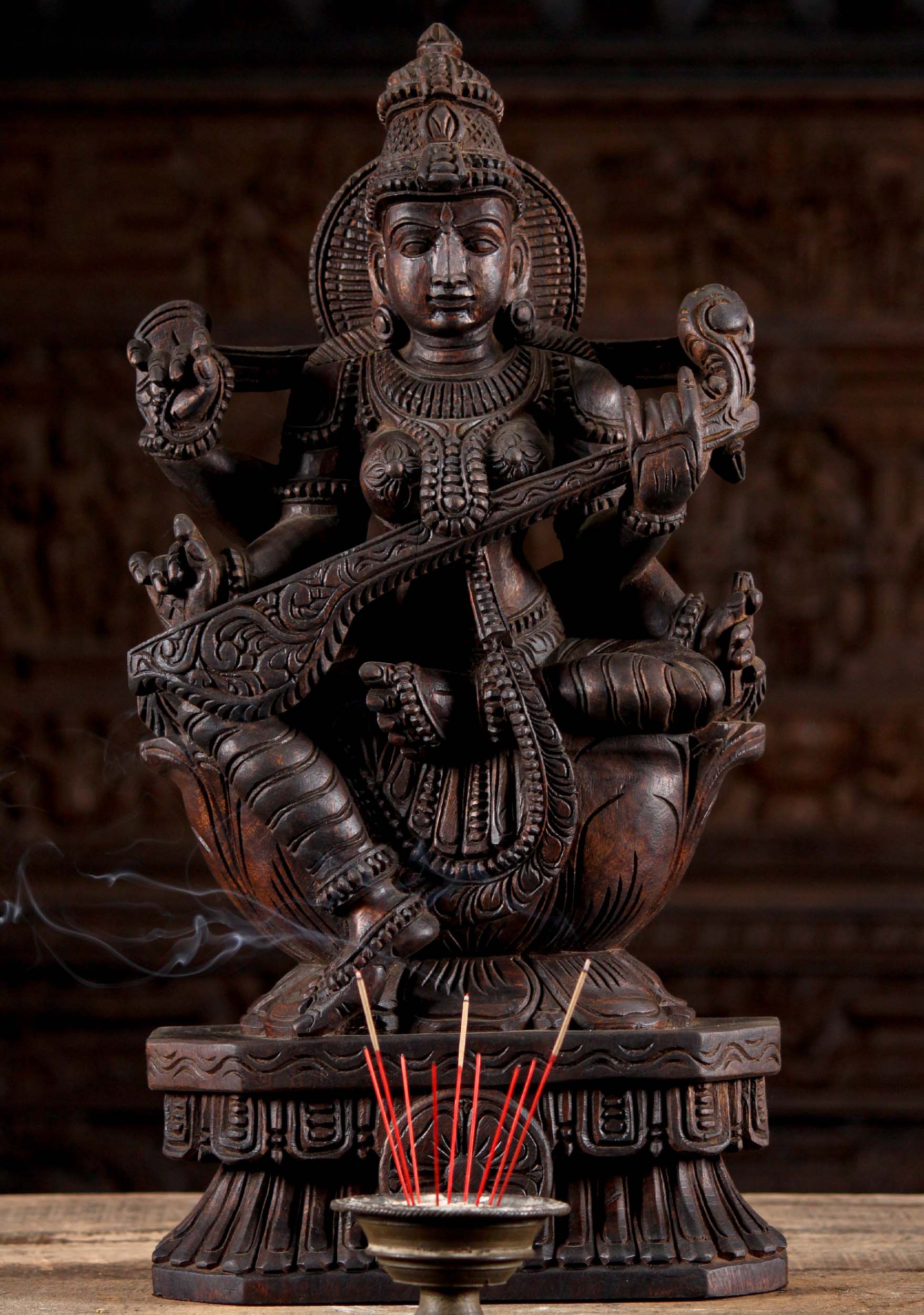 Beautiful Wood Seated Hindu Goddess of Wisdom Saraswati Sculpture Playing the Veena 24"