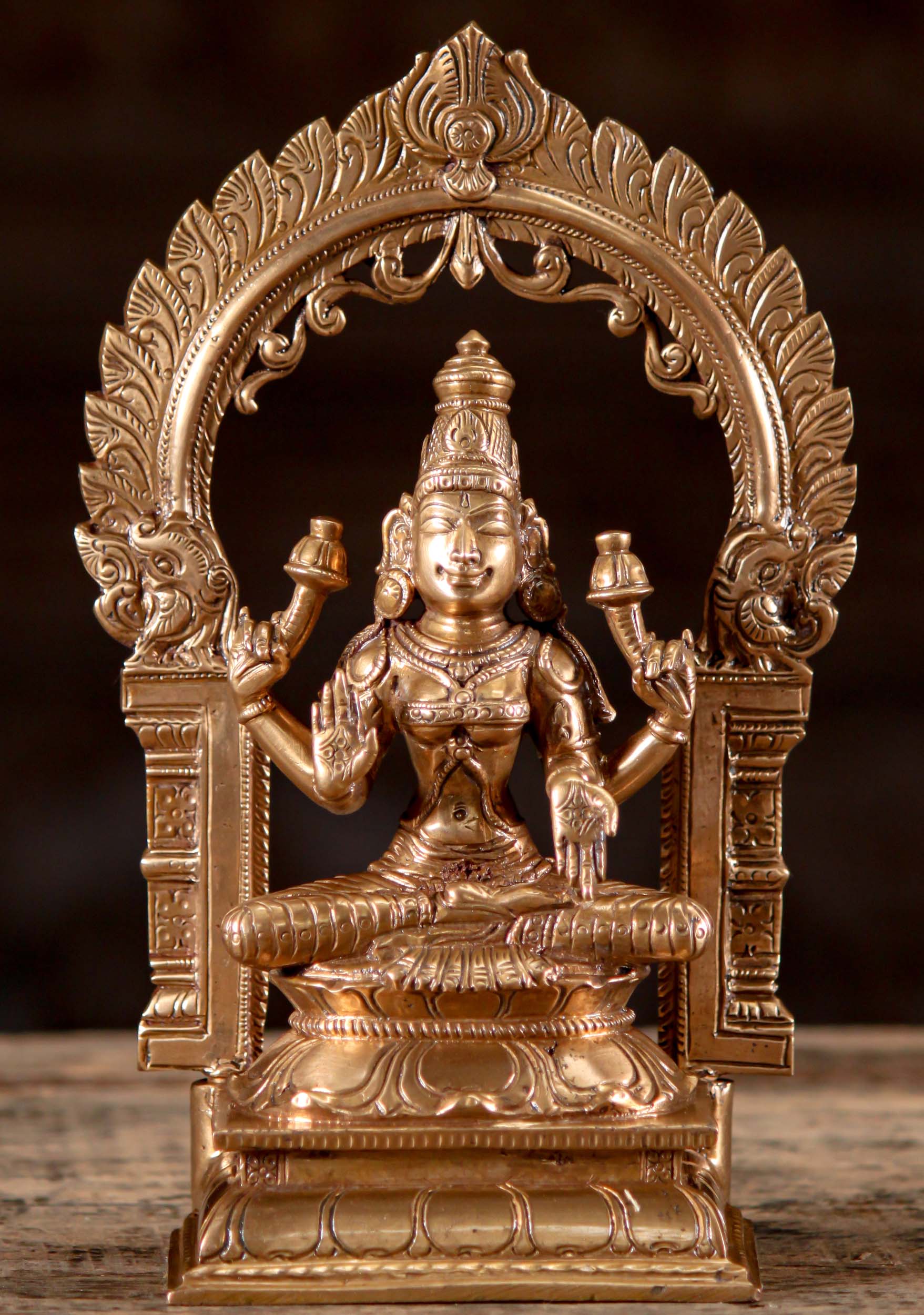 Beautiful Polished Bronze Seated Lakshmi Statue Under Arch with Lotus Flowers 9"