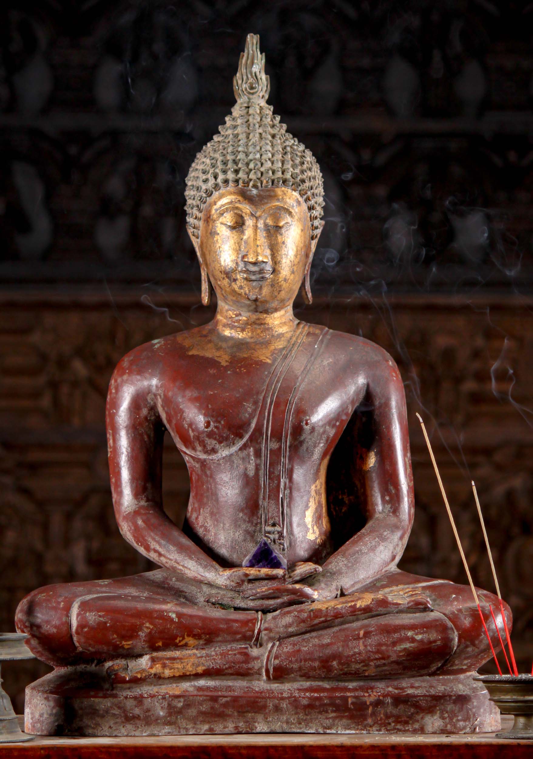 Thai Brass Meditating Sukhothai Buddha Sculpture in Ardhapadmasana Half Lotus Position 29"