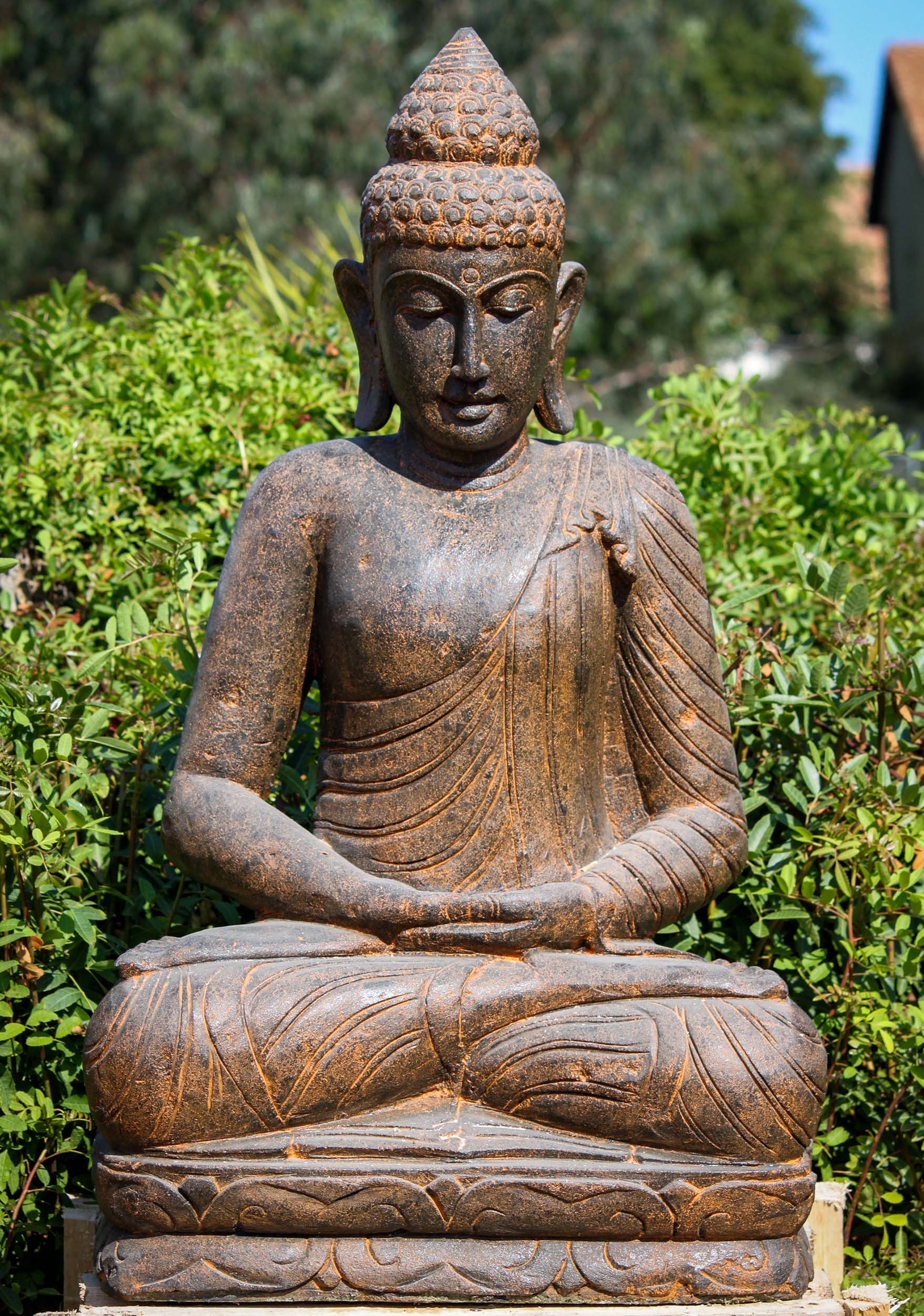 Stone Hand Carved Seated Garden Buddha Sculpture Meditating in Dhayana Mudra 42"