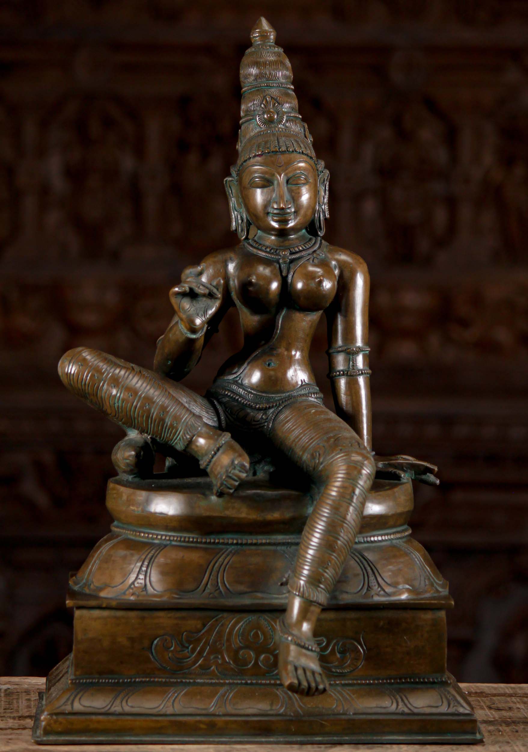 Bronze Sculpture of Parvati Bogashakti Seated on Lotus Base Wearing Crown 21"