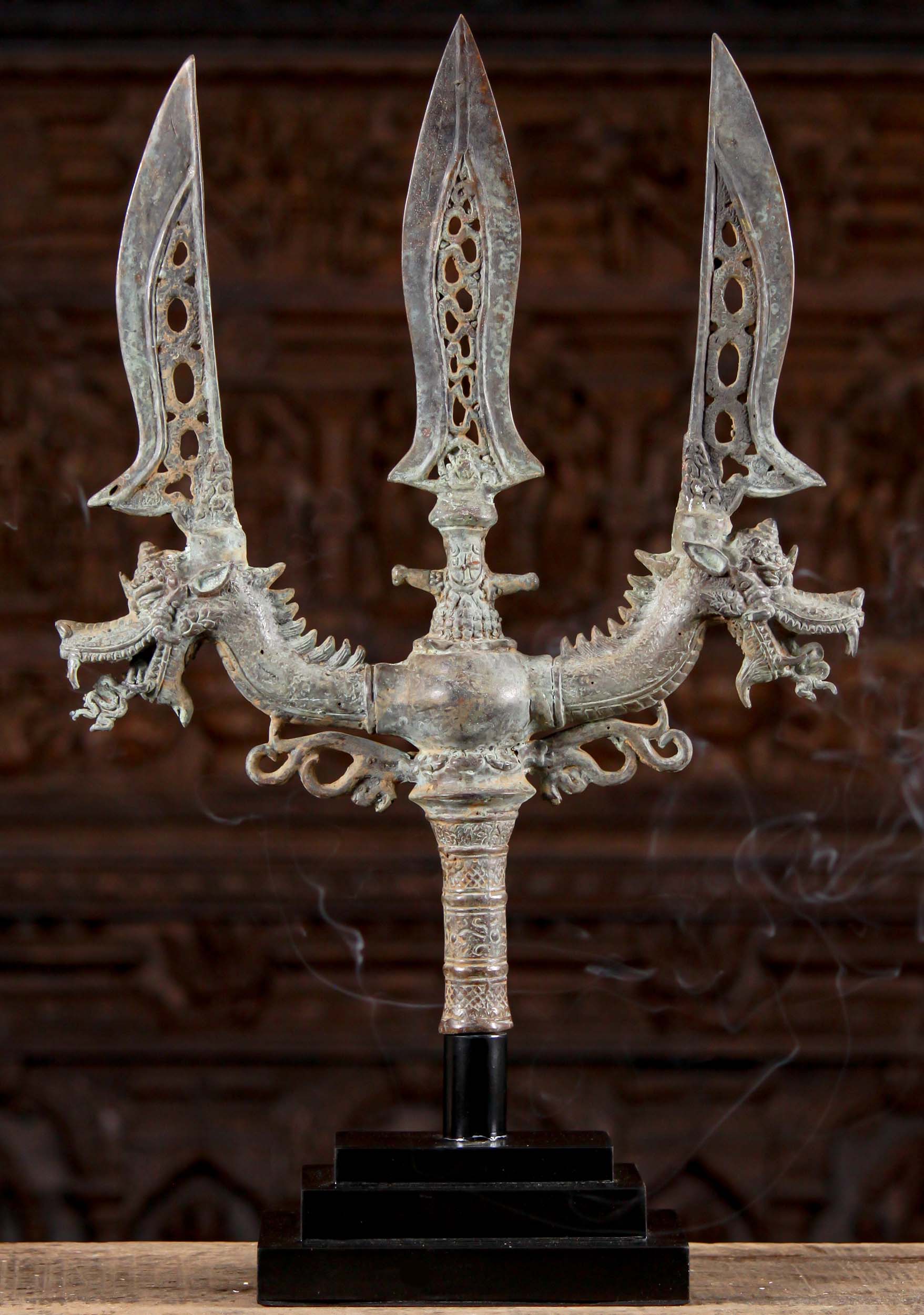 Shiva's Trident or Trishul Made from Three Swords & Two Dragons on Black Wooden Base 24"