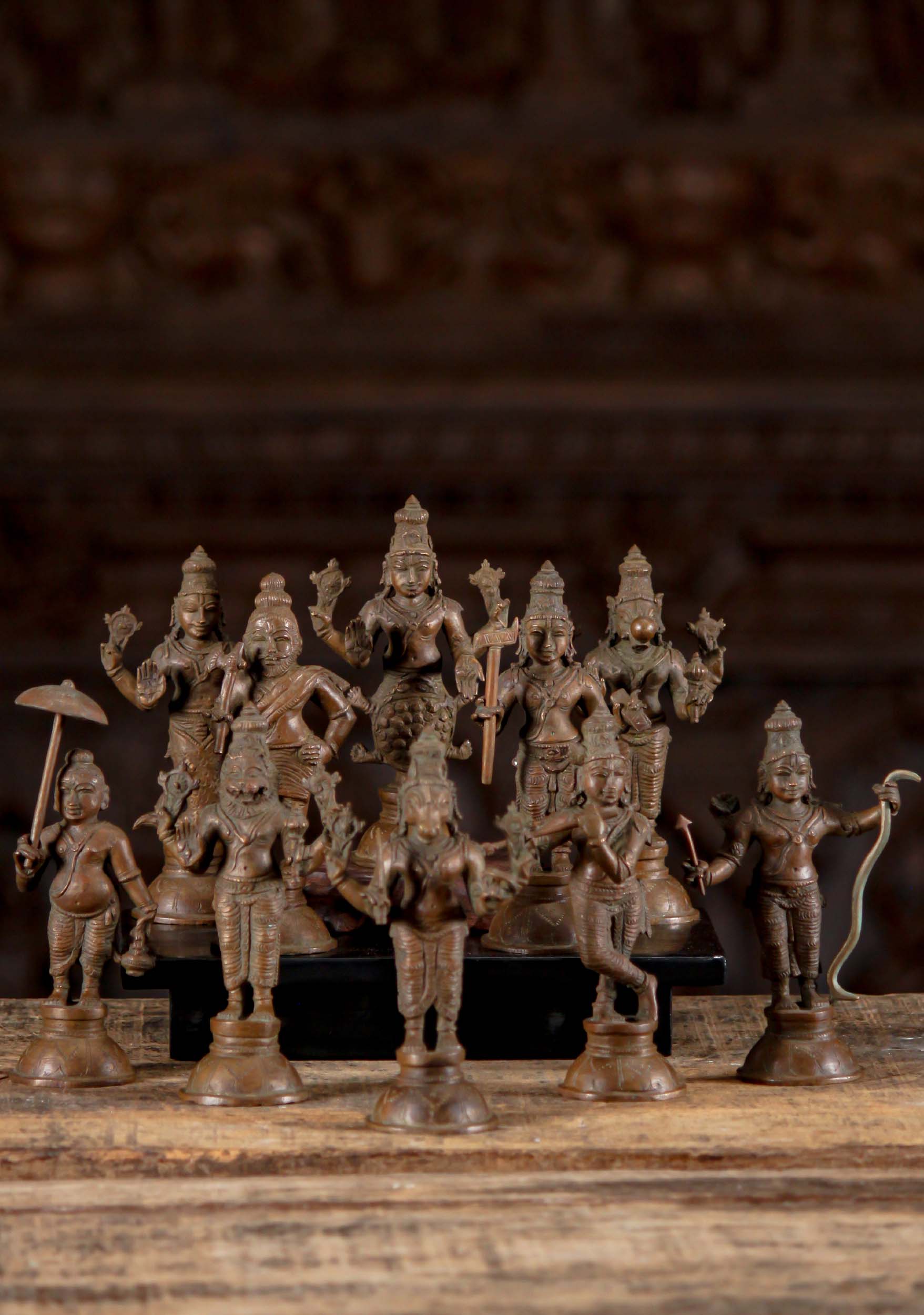 Set of Ten Stunning Antique Bronze Dasavatars Avatars of Vishnu Statues 6.5"