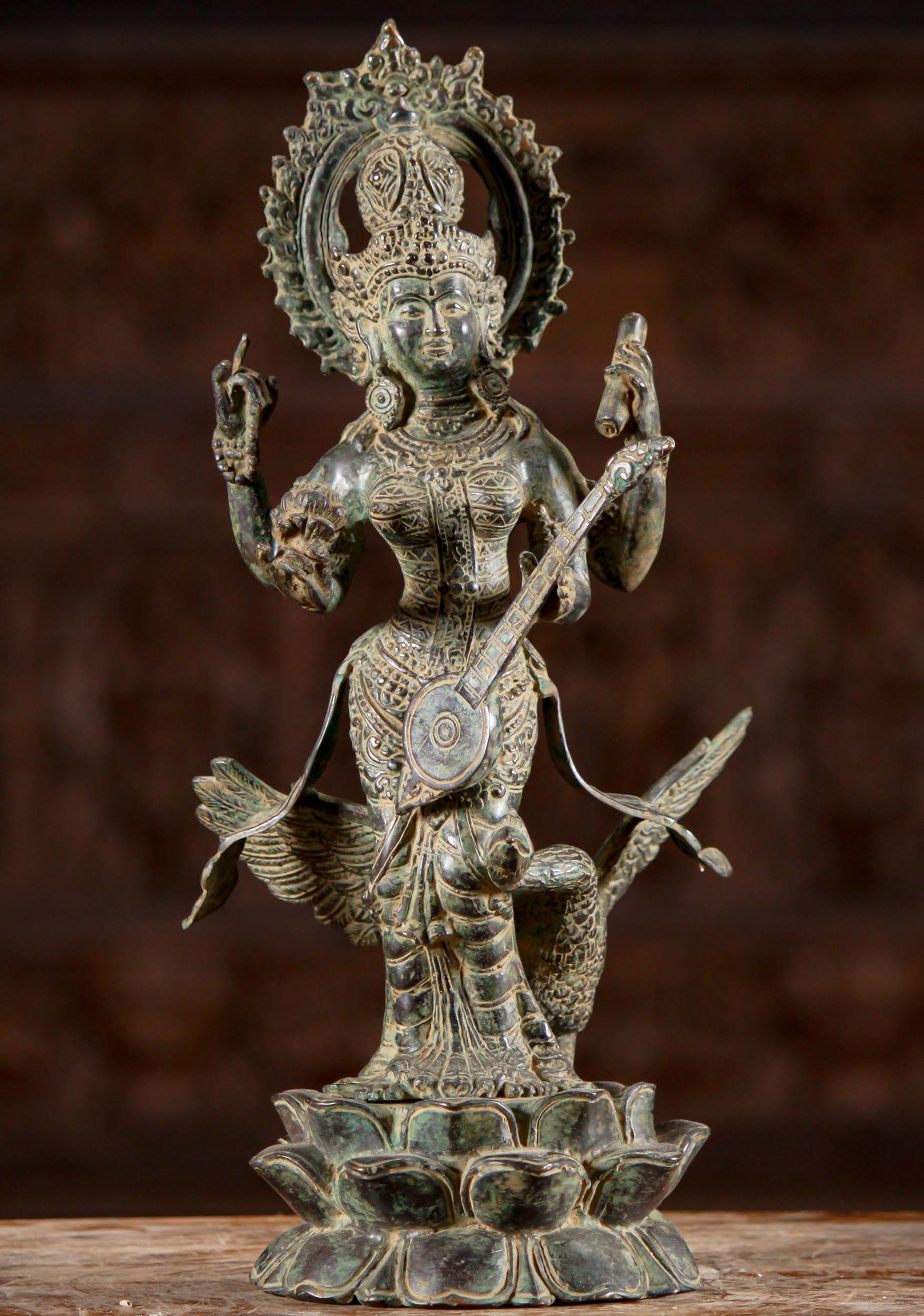 Brass Hindu Goddess of Wealth Saraswati with 4 Arms Standing with Swan Holding Veena 15"