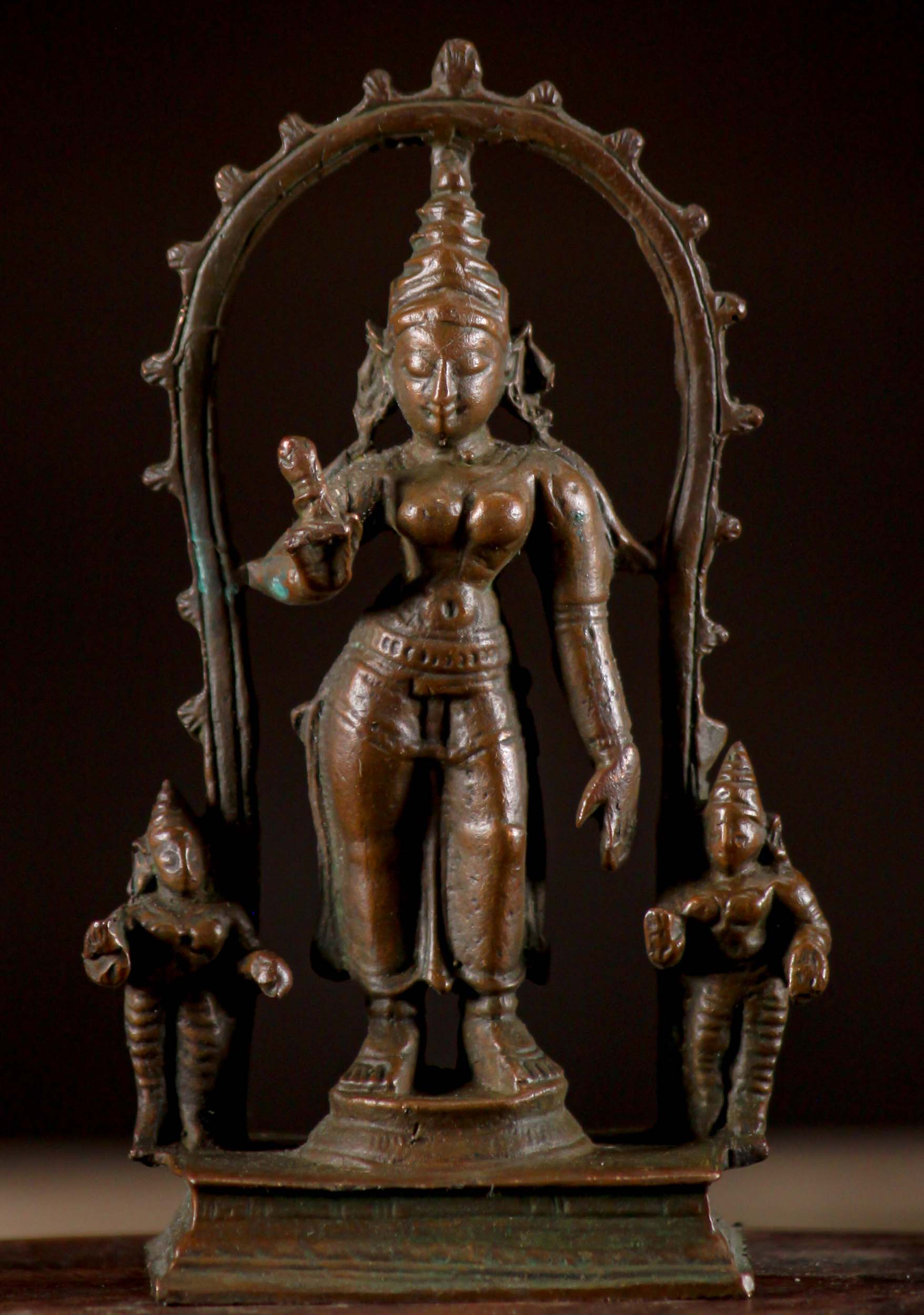 Small Bronze Sculpture of Hindu Goddess Parvati as Shivakami Standing Under Arch 3.25"