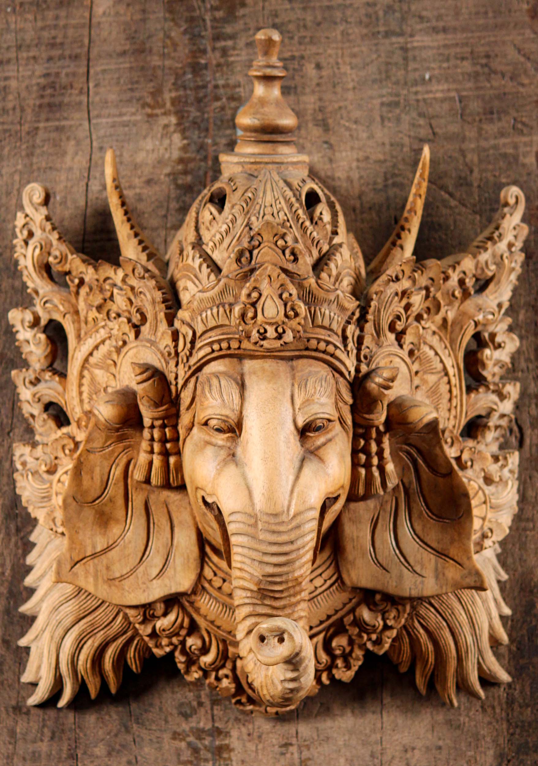 Wood Ganesha Mask Wall Hanging 14"