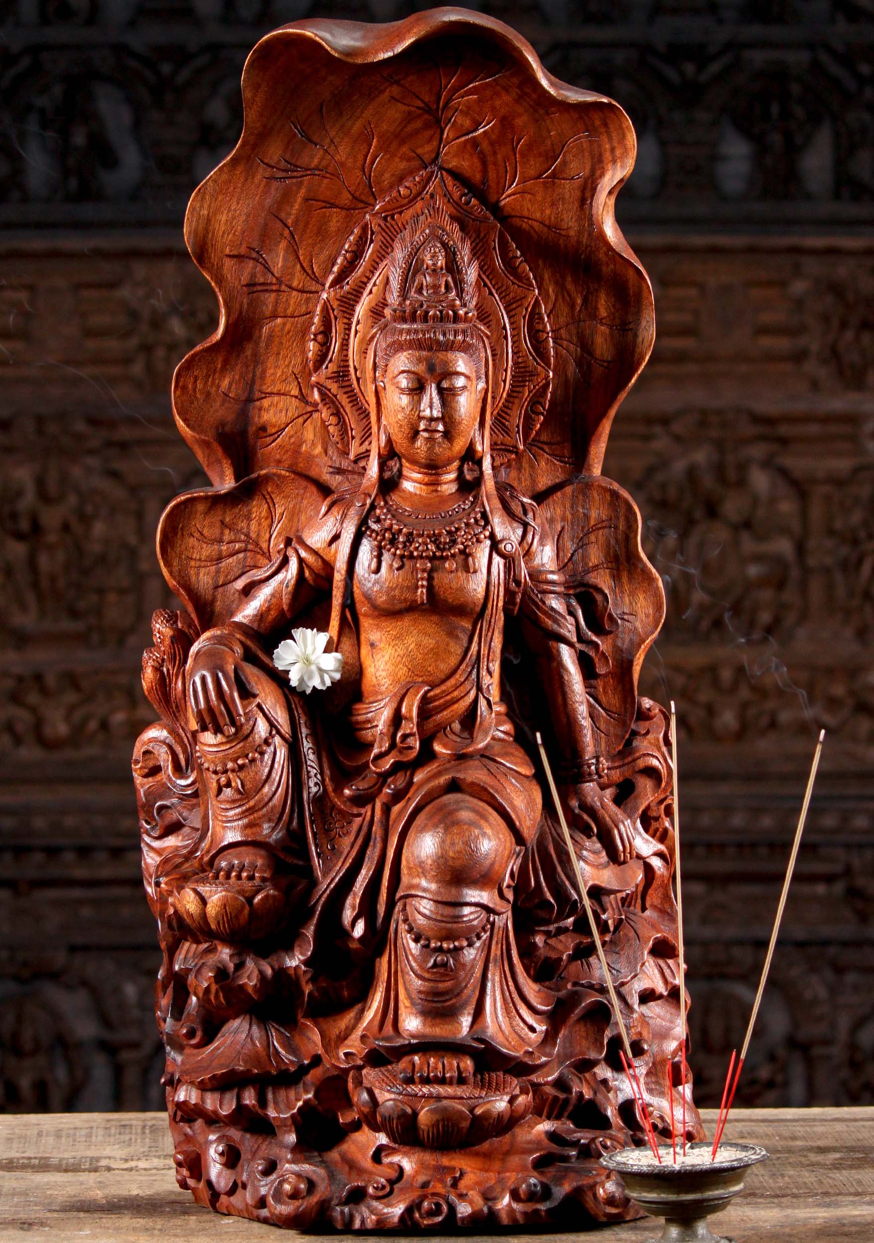 Wooden Seated Bodhisattva Avalokiteshvara Statue with Feet Resting on Lotus Flowers 32"