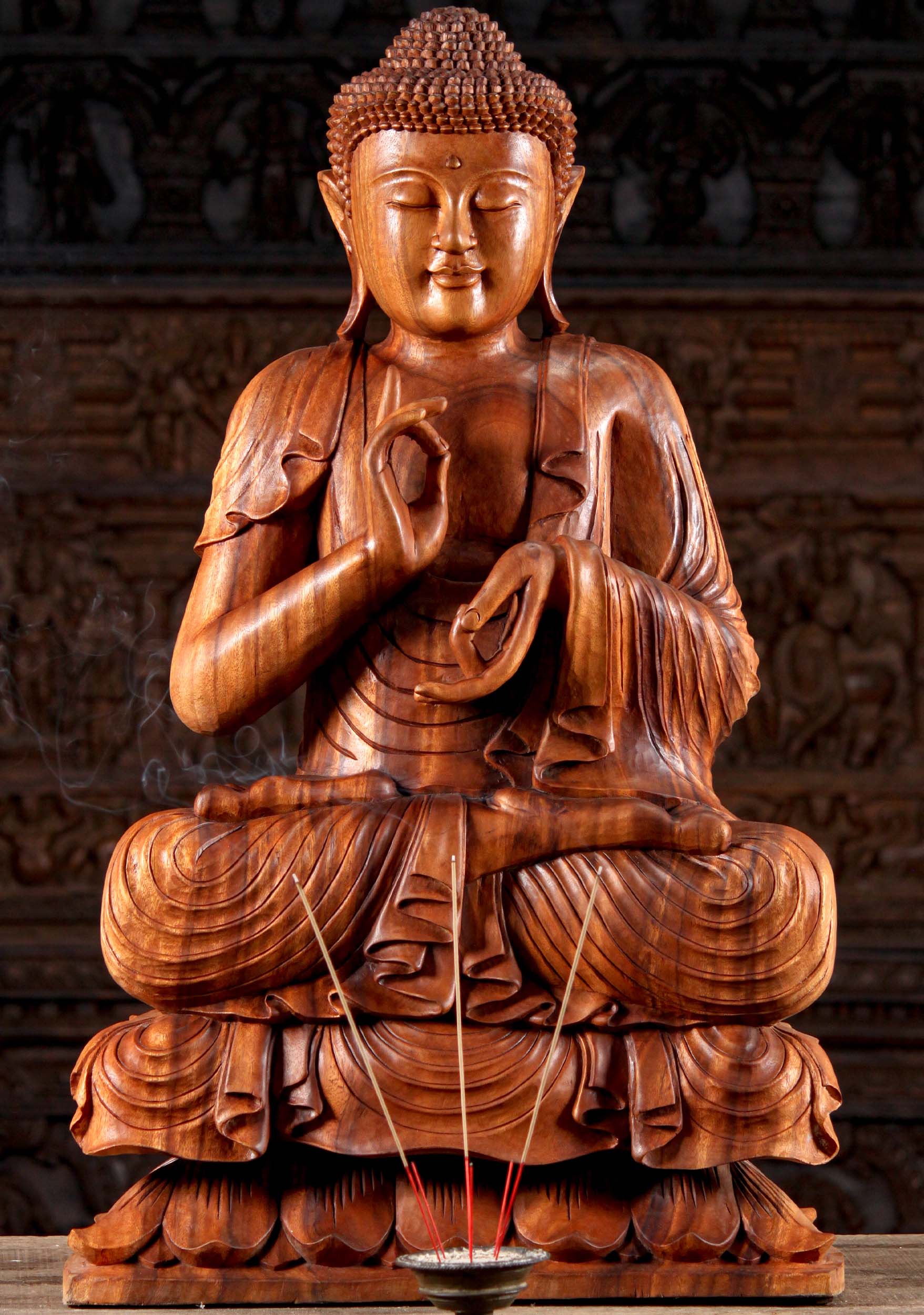 Wooden Dharmachakra Buddha Statue 38"