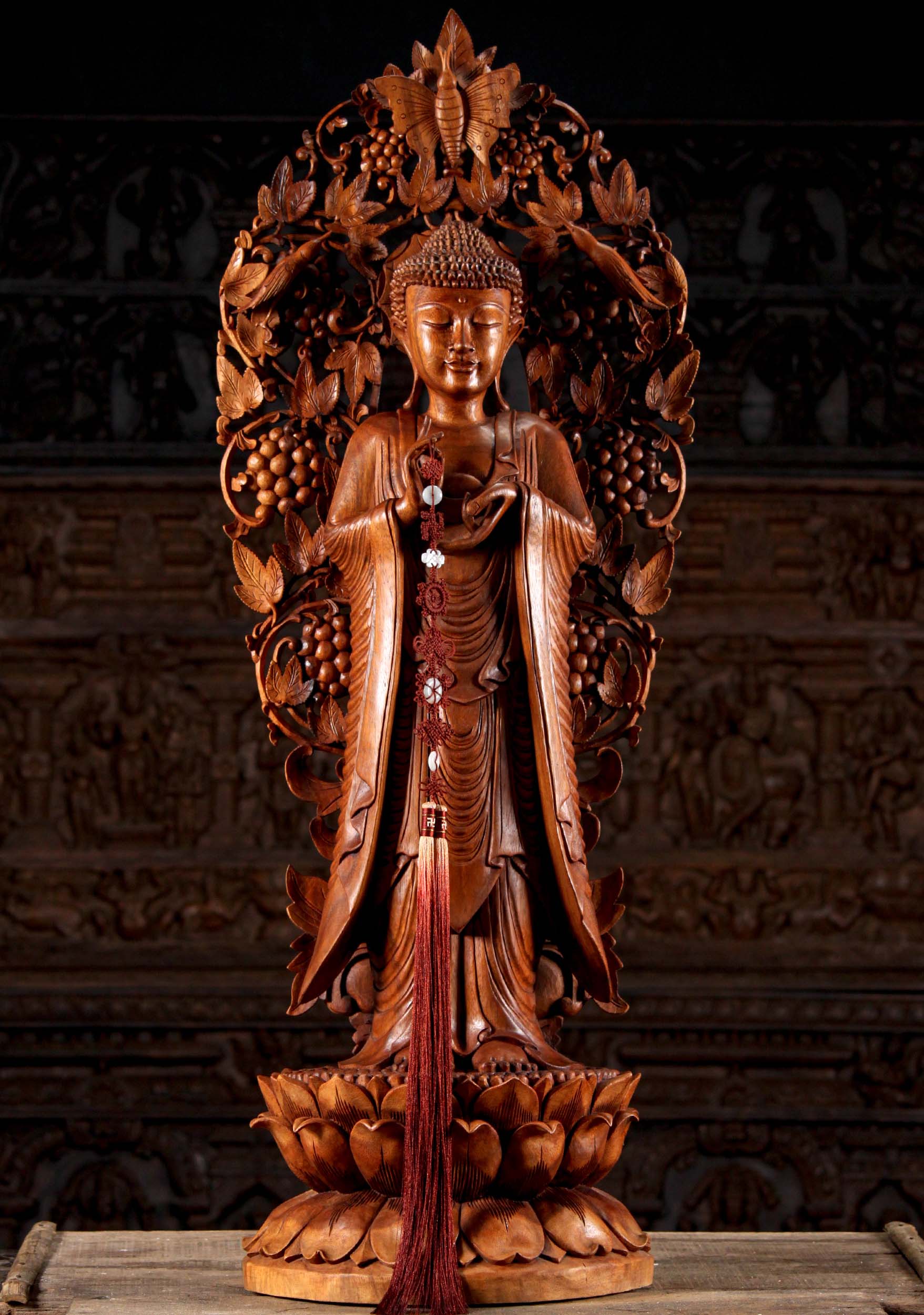 Wood Dharmachakra Buddha in Front of Beautiful Floral Arch with Butterfly, Birds & Grapes 48"