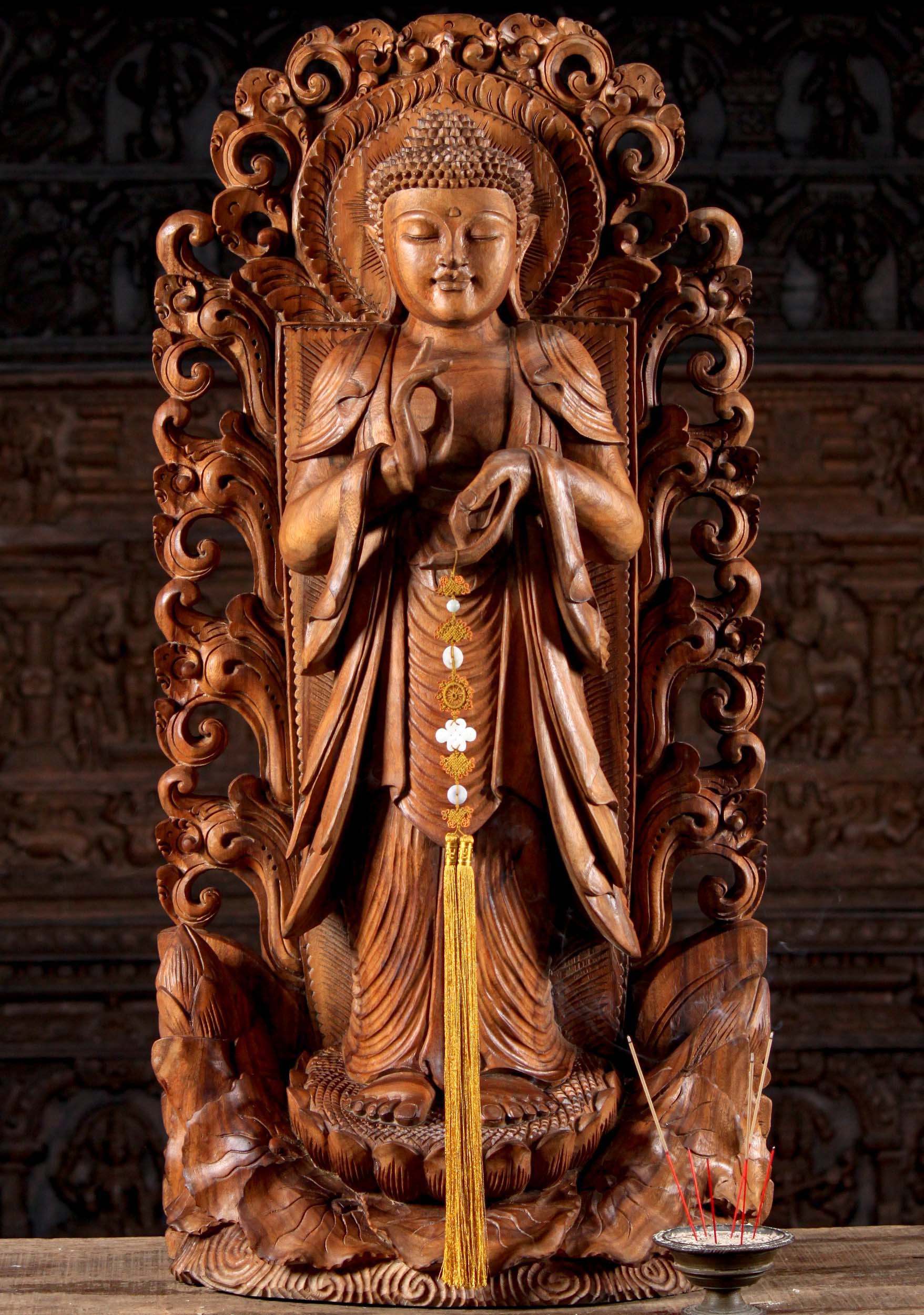 Wood Buddha Statue Standing on Lotus in Dharmachakra Mudra the "Wheel of Dharma" 40"