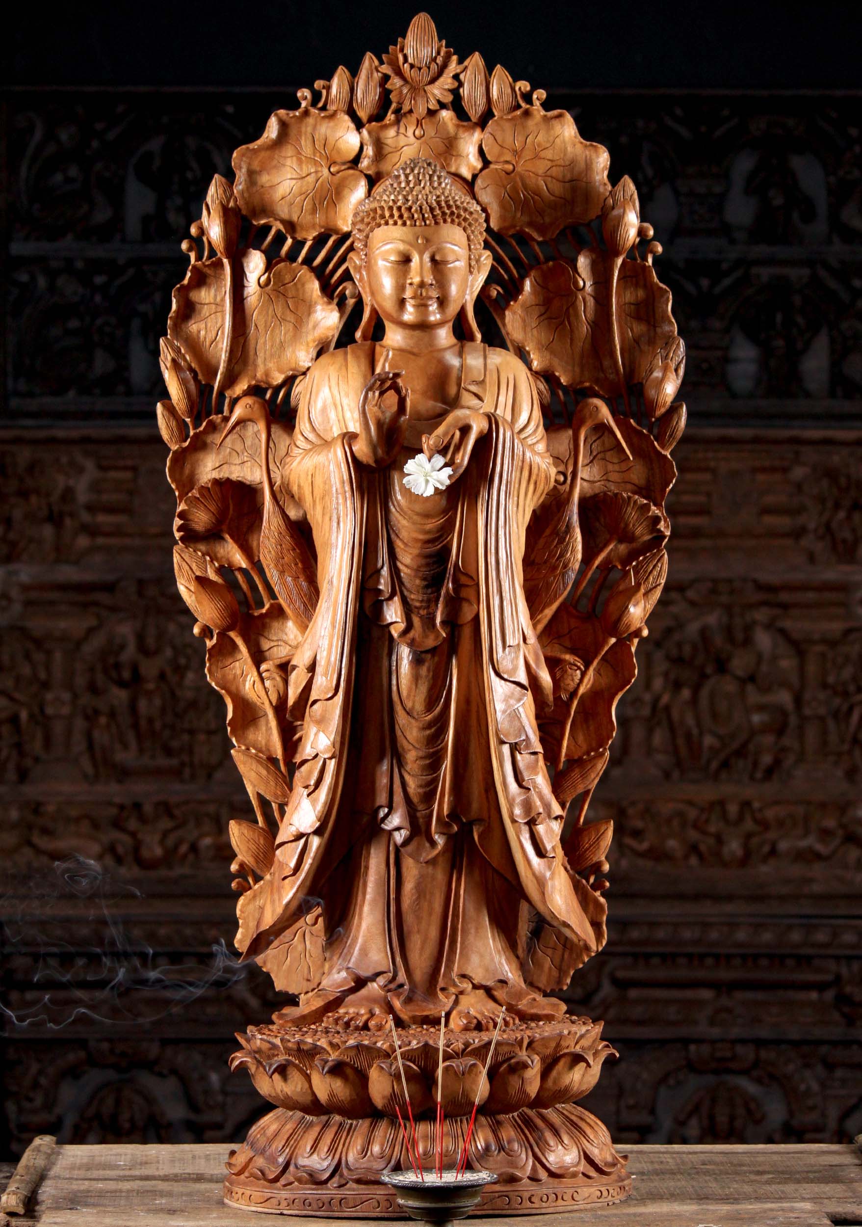 Wood Dharmachakra Buddha with Lily Pad Arch 46"