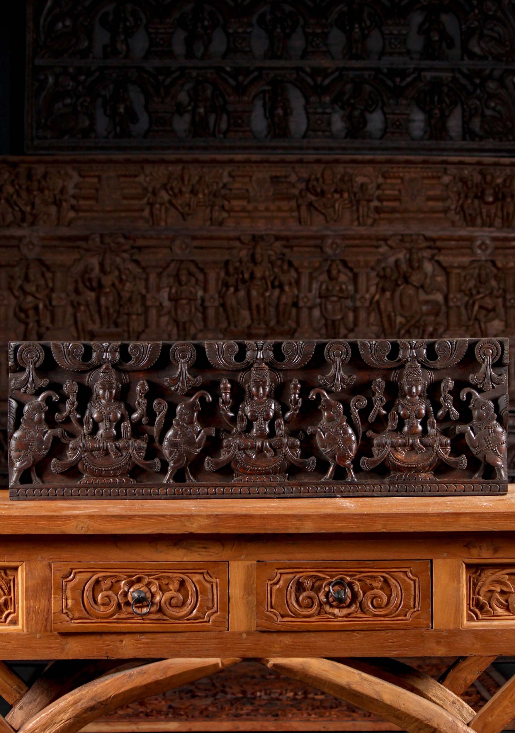 Hindu Wooden Wall Panel of the Goddess of Wealth Lakshmi with 4 Elephants known as Gaja Lakshmi