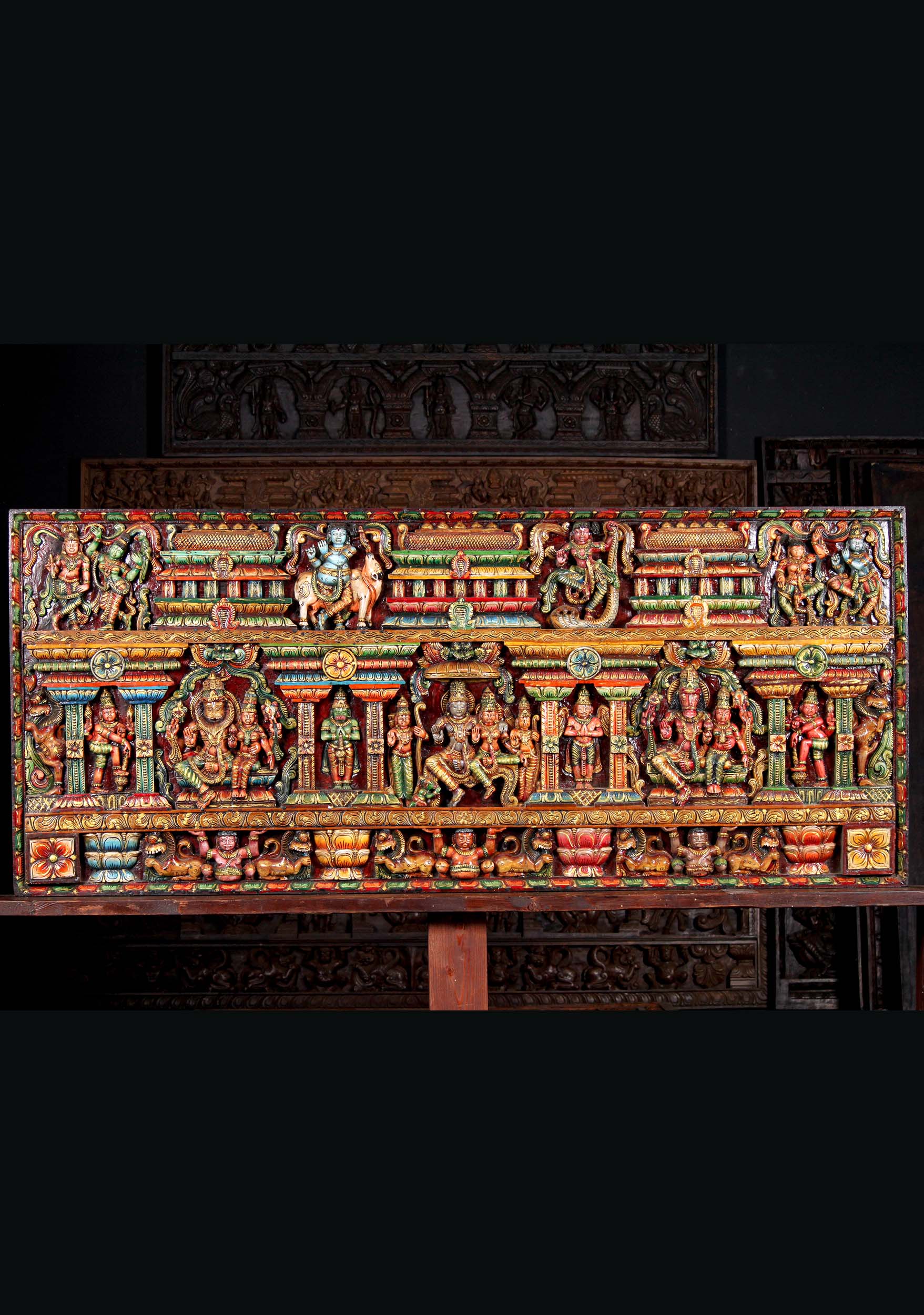 Large Wooden Hindu Wall Panel of Vishnu, Lakshmi, Narasimha, Varaha and 4 depictions of Krishna