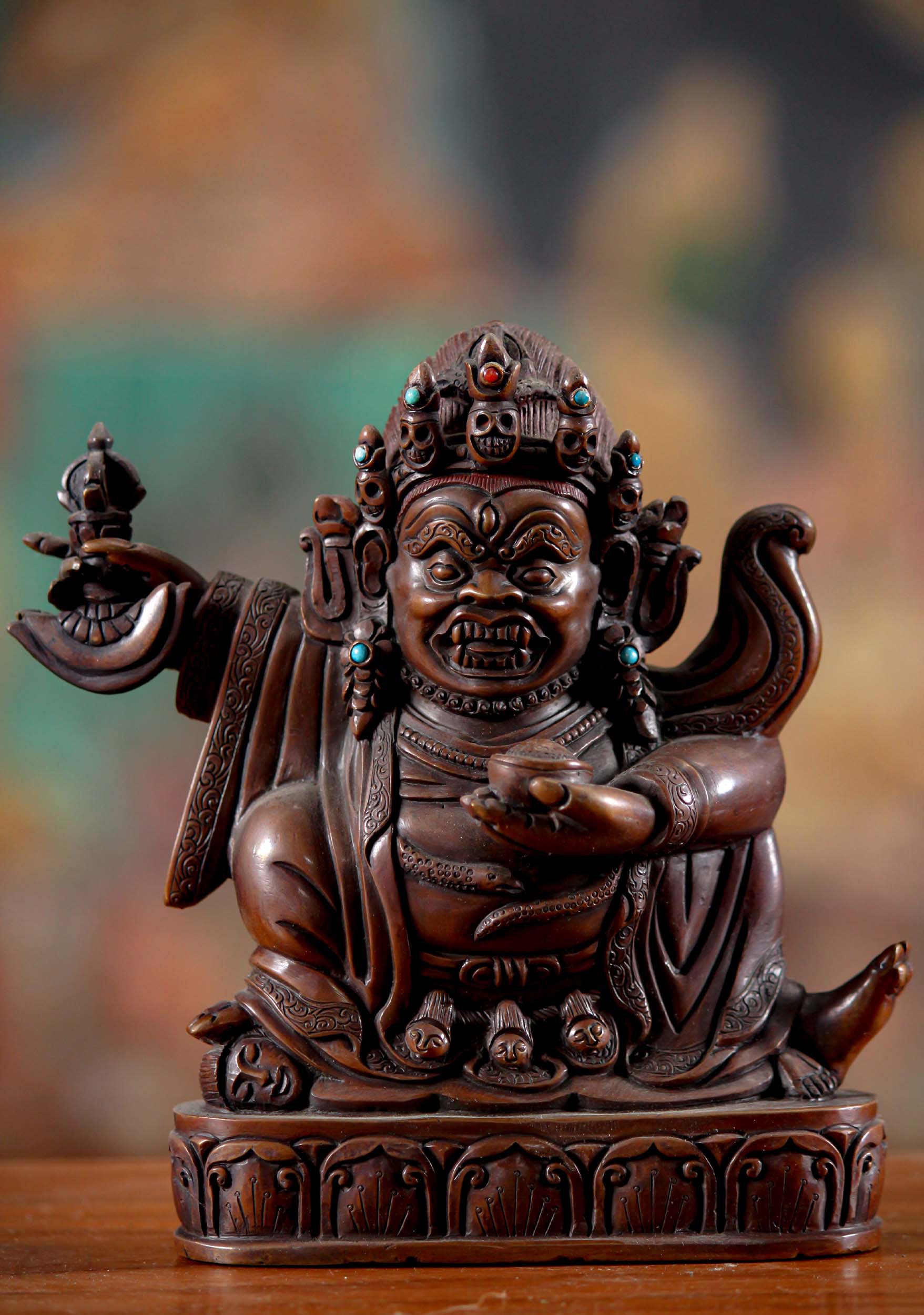 Lost Wax Method Copper Mahakala Bernagchen Statue Black Cloak Two Armed Mahakala 5"