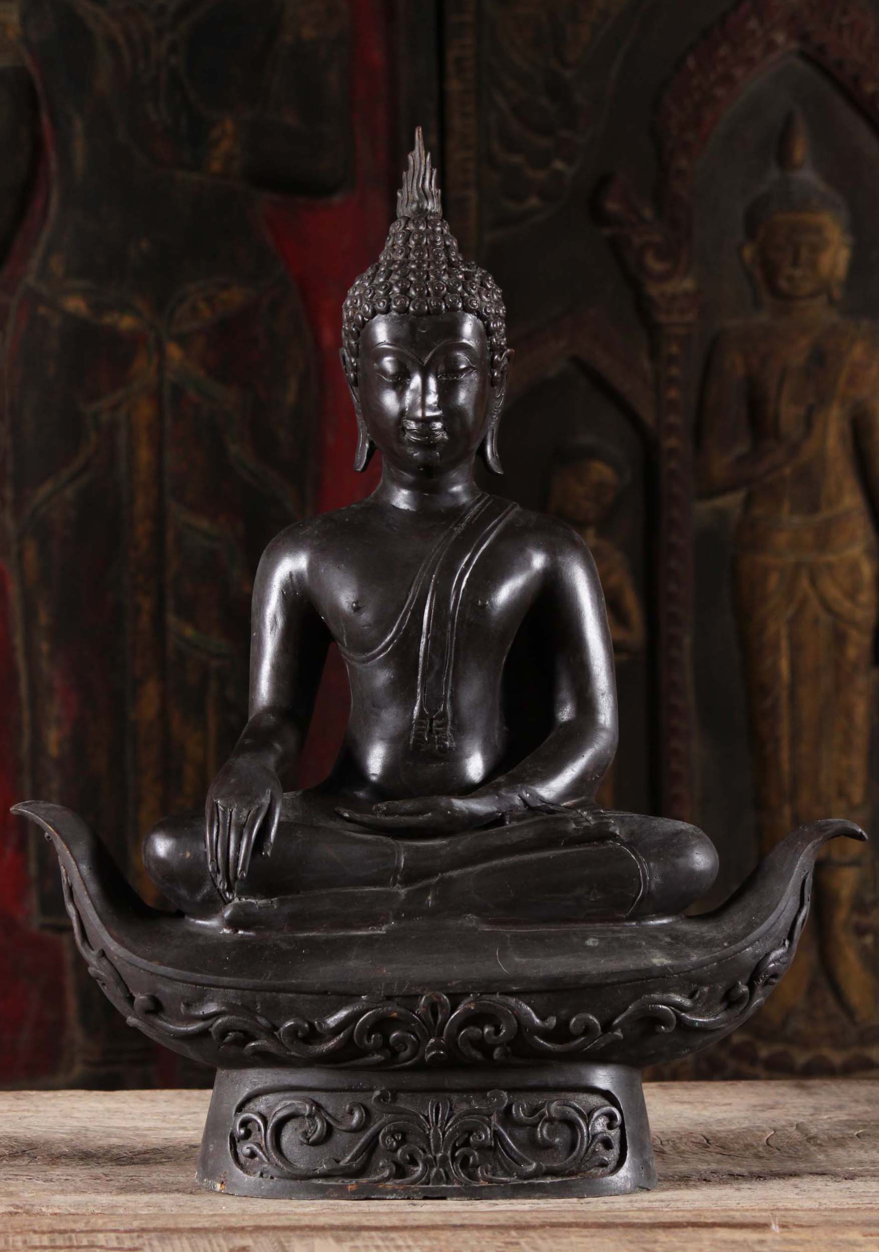 Brass Seated Sukhothai Earth Touching Buddha Sculpture with Flame Finial 21"