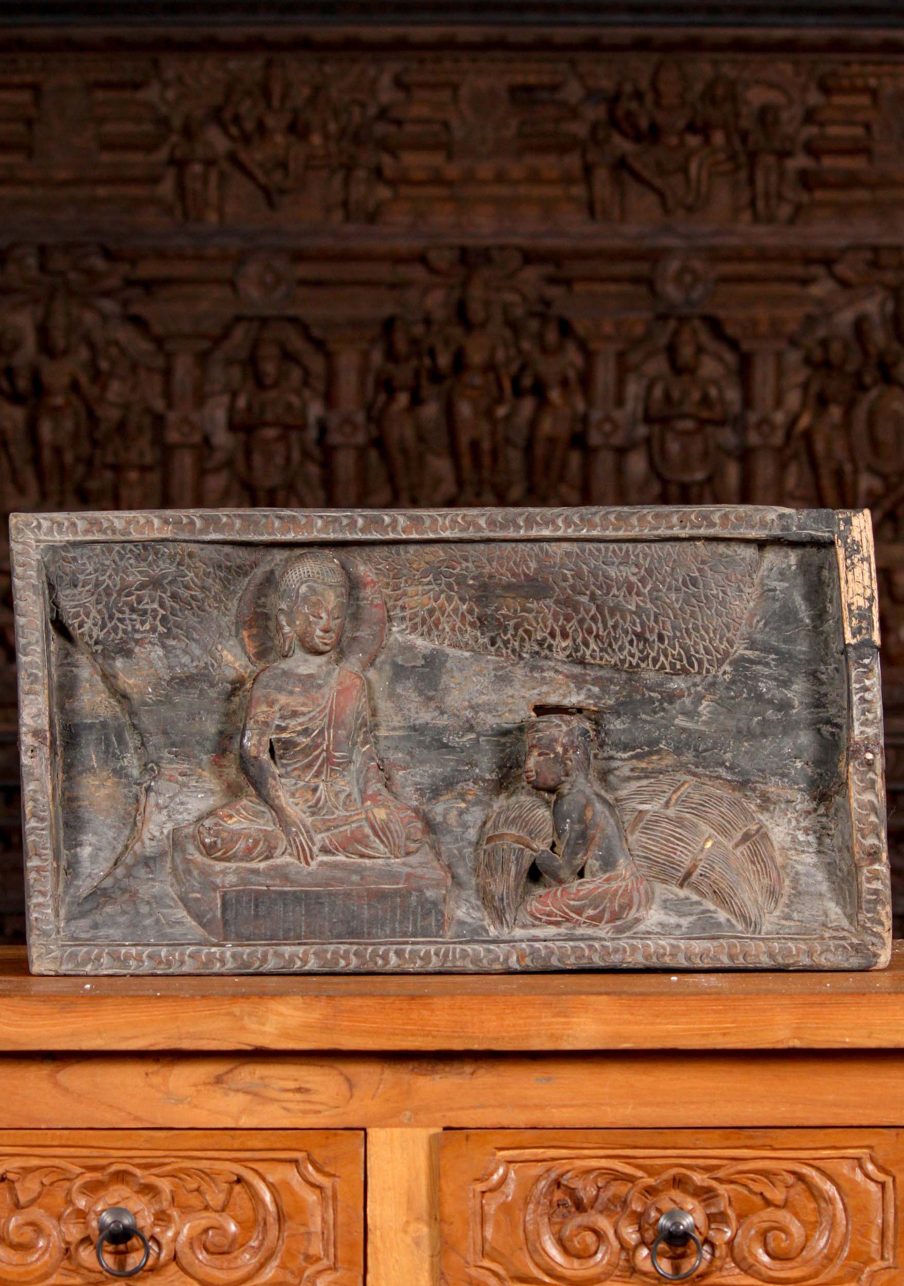 Antique Teak Wood Wall Panel of Lord Buddha Teaching his Disciple Anada 22"