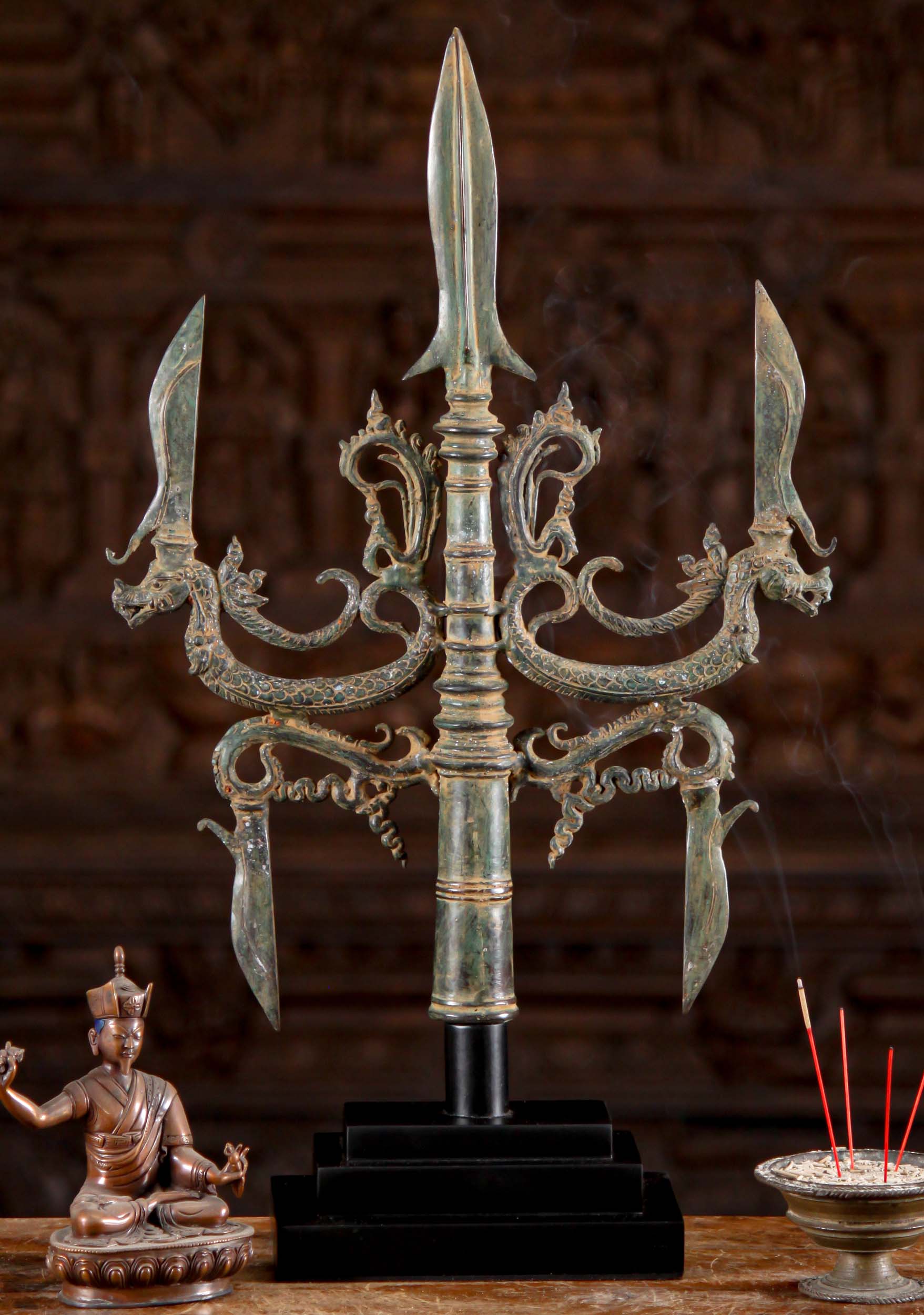 Elaborate Brass Trident of Swords Statue on Wood Base Weapon of Shiva The Destroyer 25"