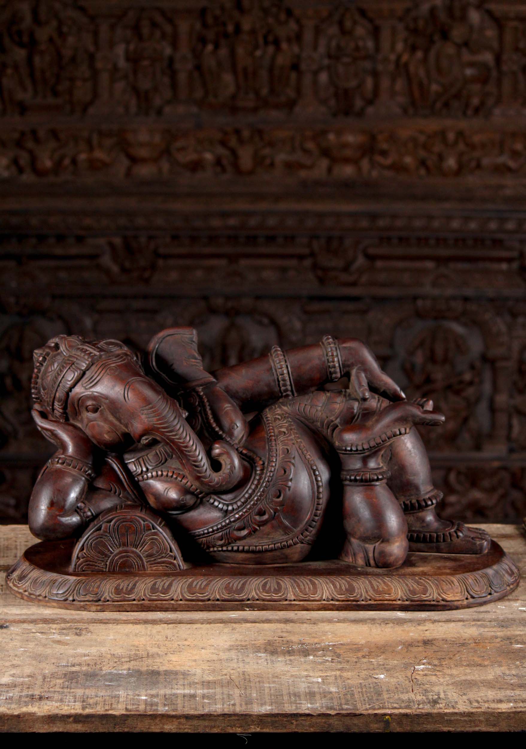 Wood Hand Carved Reclining Siana Ganesha Statue Remover of Obstacles Hindu God 27"