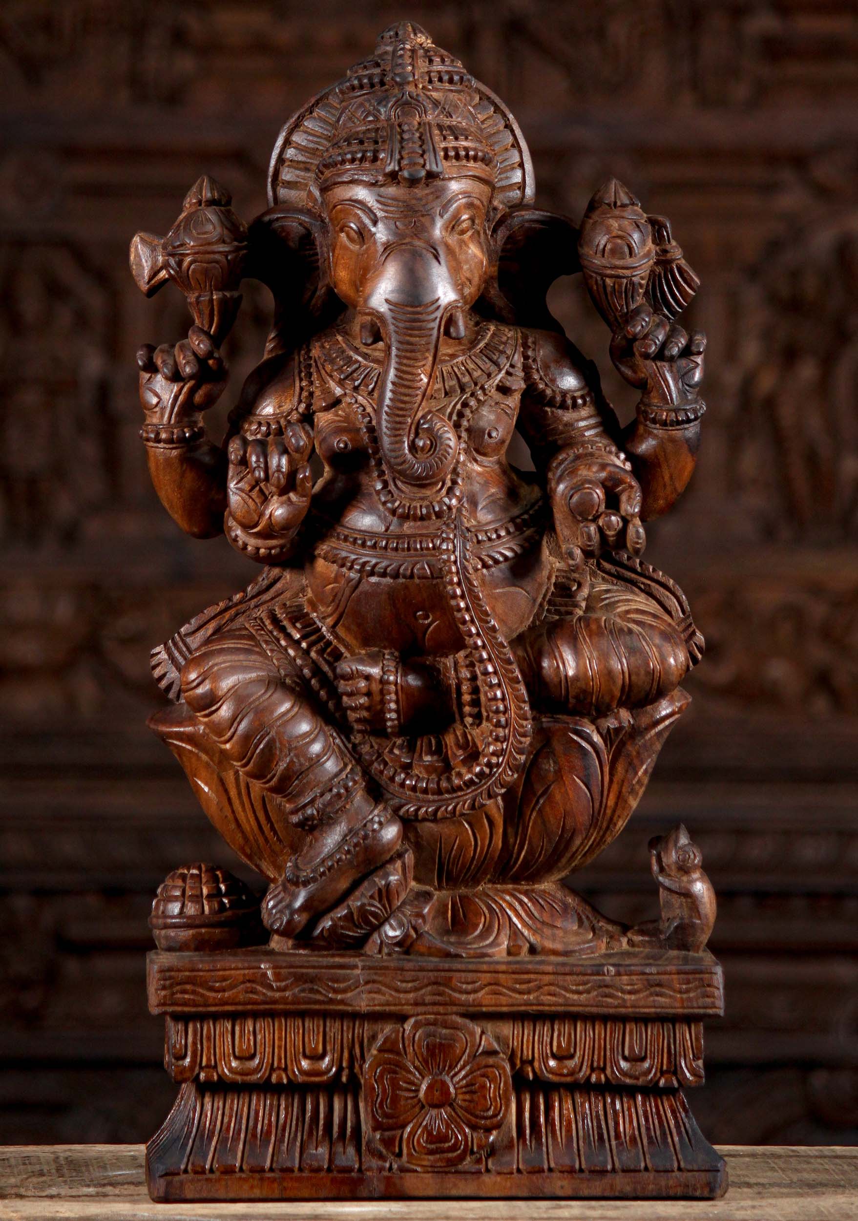 Neem Wood Hand Carved Seated Ganesha Statue on Lotus Base with Mooshika Rat 24"