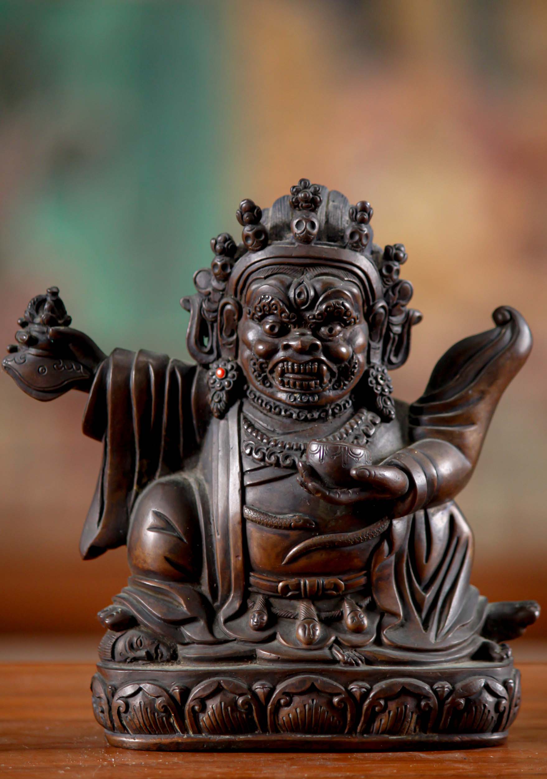 Small Lost Wax Method Copper Mahakala Bernagchen Statue Black Cloak Two Armed Mahakala 5"