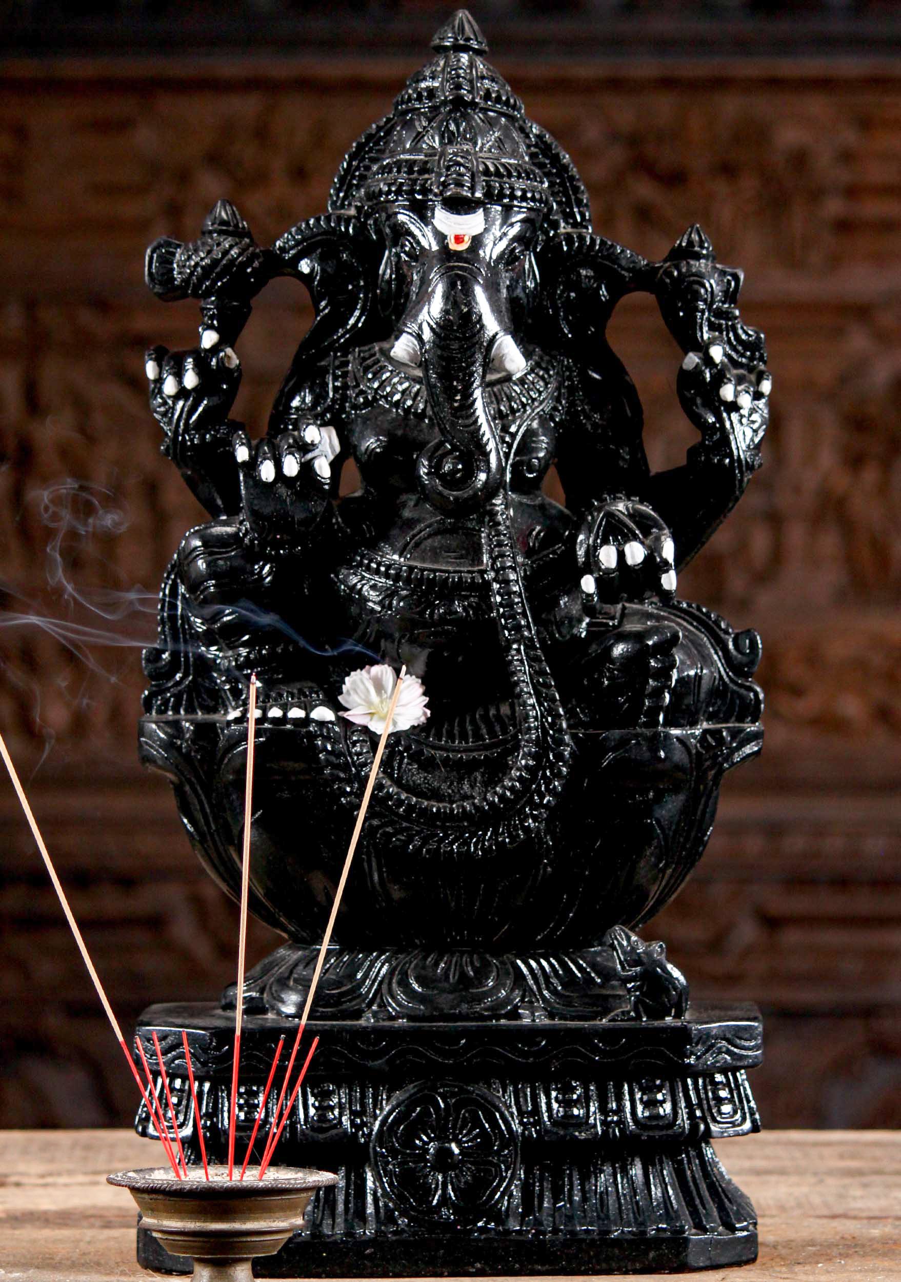 Black Hand Carved Wood Seated Ganesh Statue with White Shiva Tilak, Tripundra on Forehead 24"