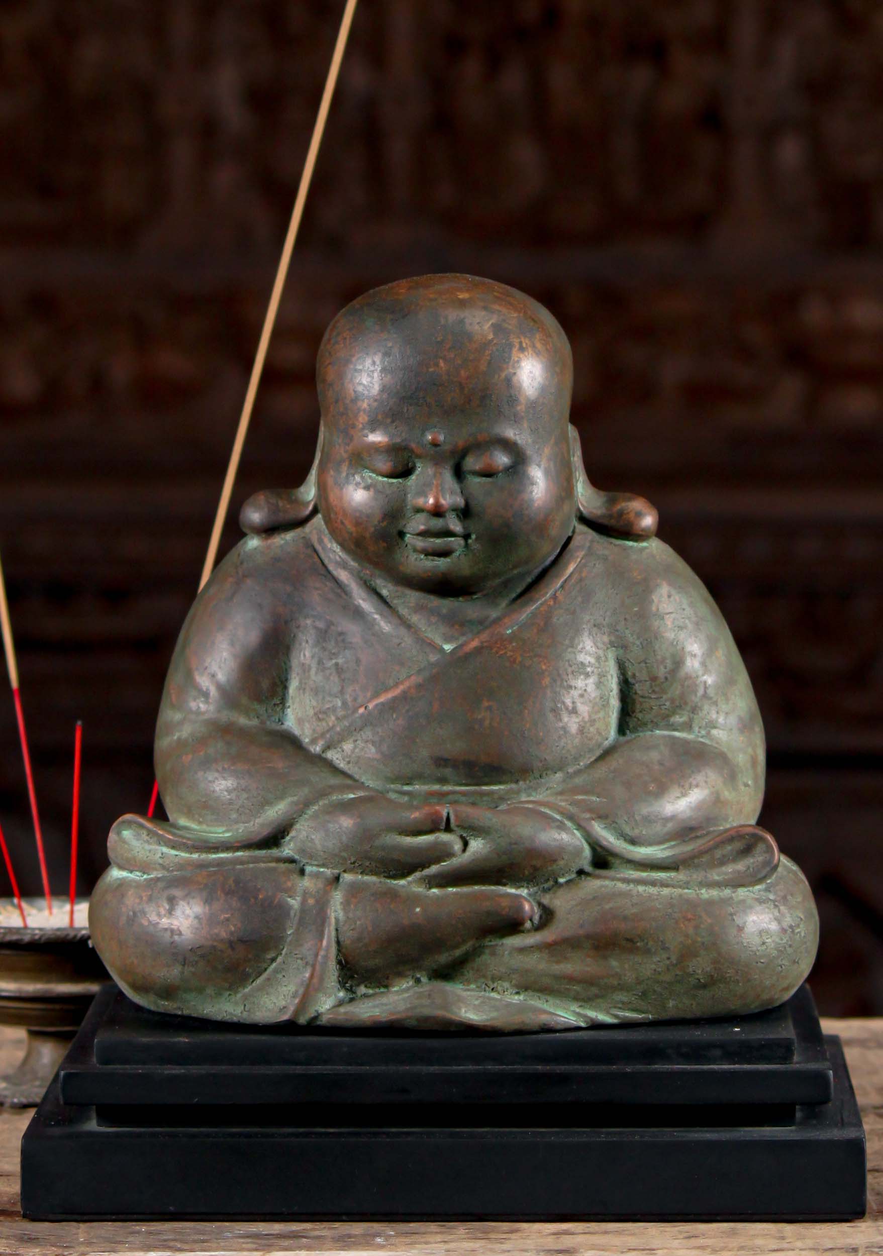 Brass Fat & Happy Seated Buddha in Half  Lotus Pose on Black Wood Base with Plump Ears 12"