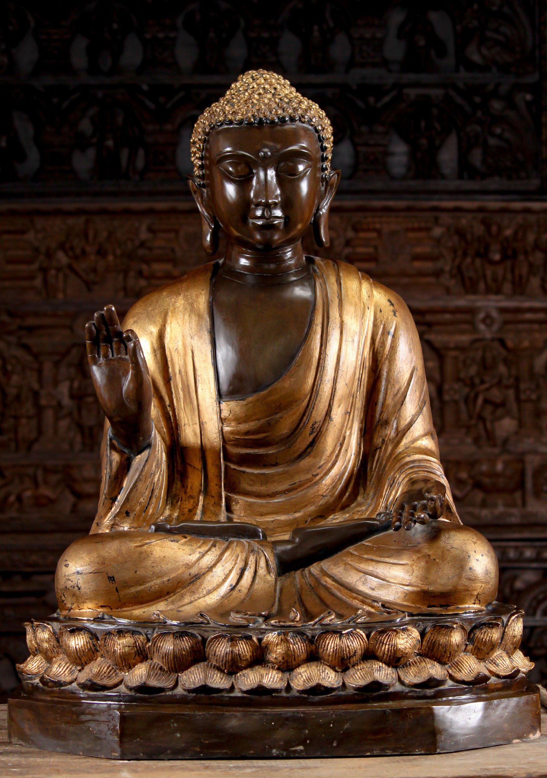 Brass Japanese Buddha Statue In Varada & Vitarka Mudras Seated on Lotus in Padmasana 35"