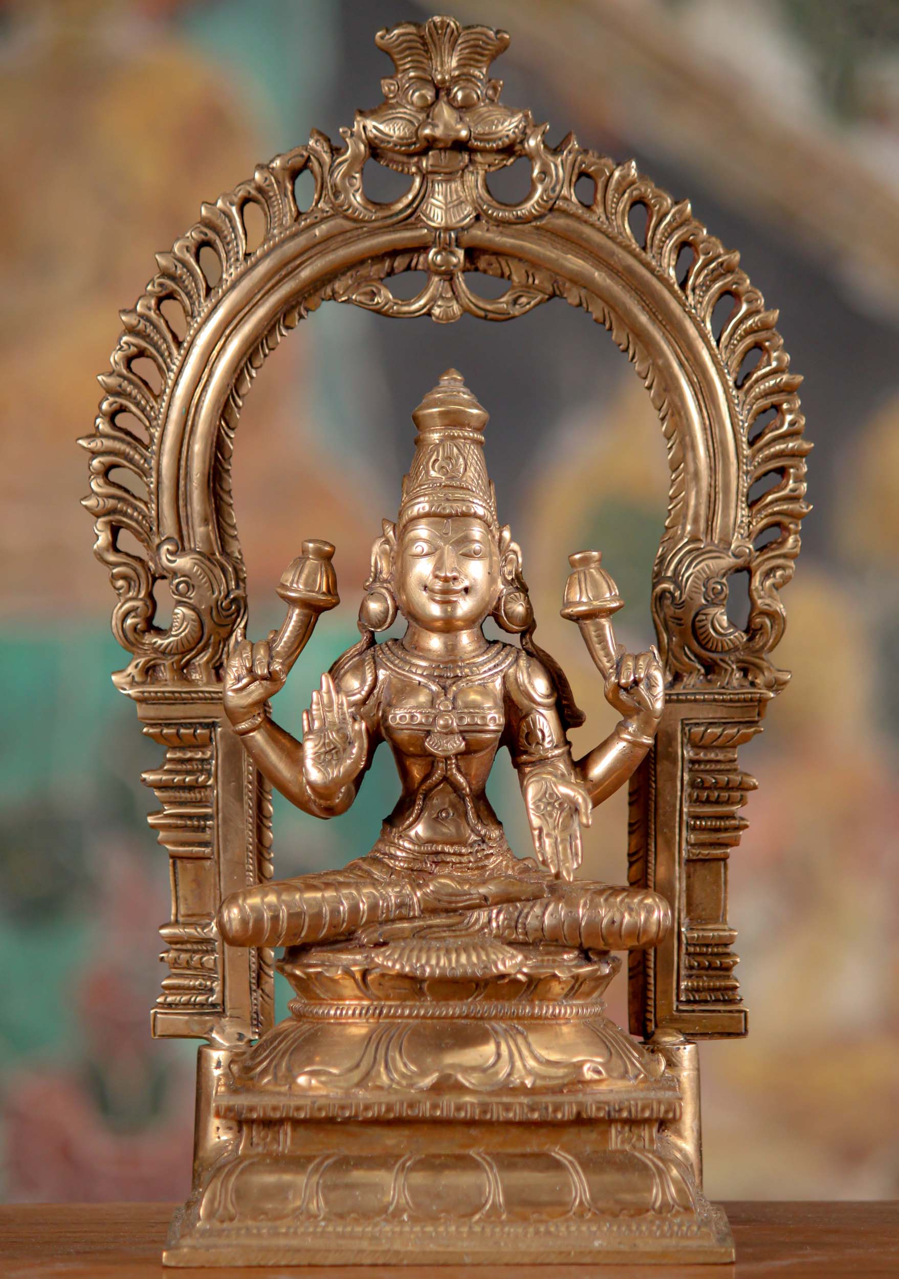 South Indian Panchaloha Bronze Lakshmi Ardhapadmasana  Seated Statue with Arch 10"