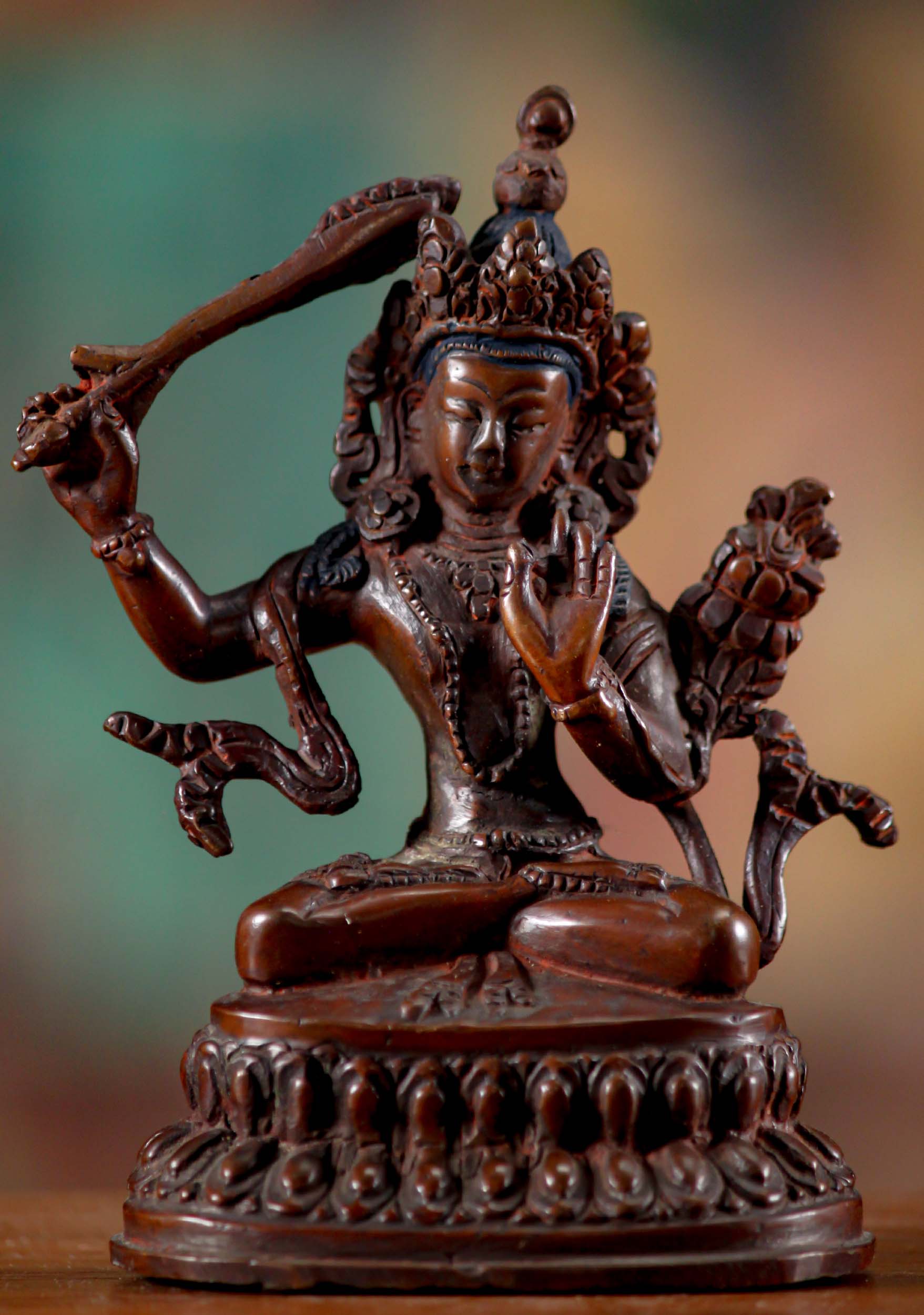 Tibetan Buddhist Copper Bodhisattva Statue Manjushri Seated Padmasana on Lotus Base 4"