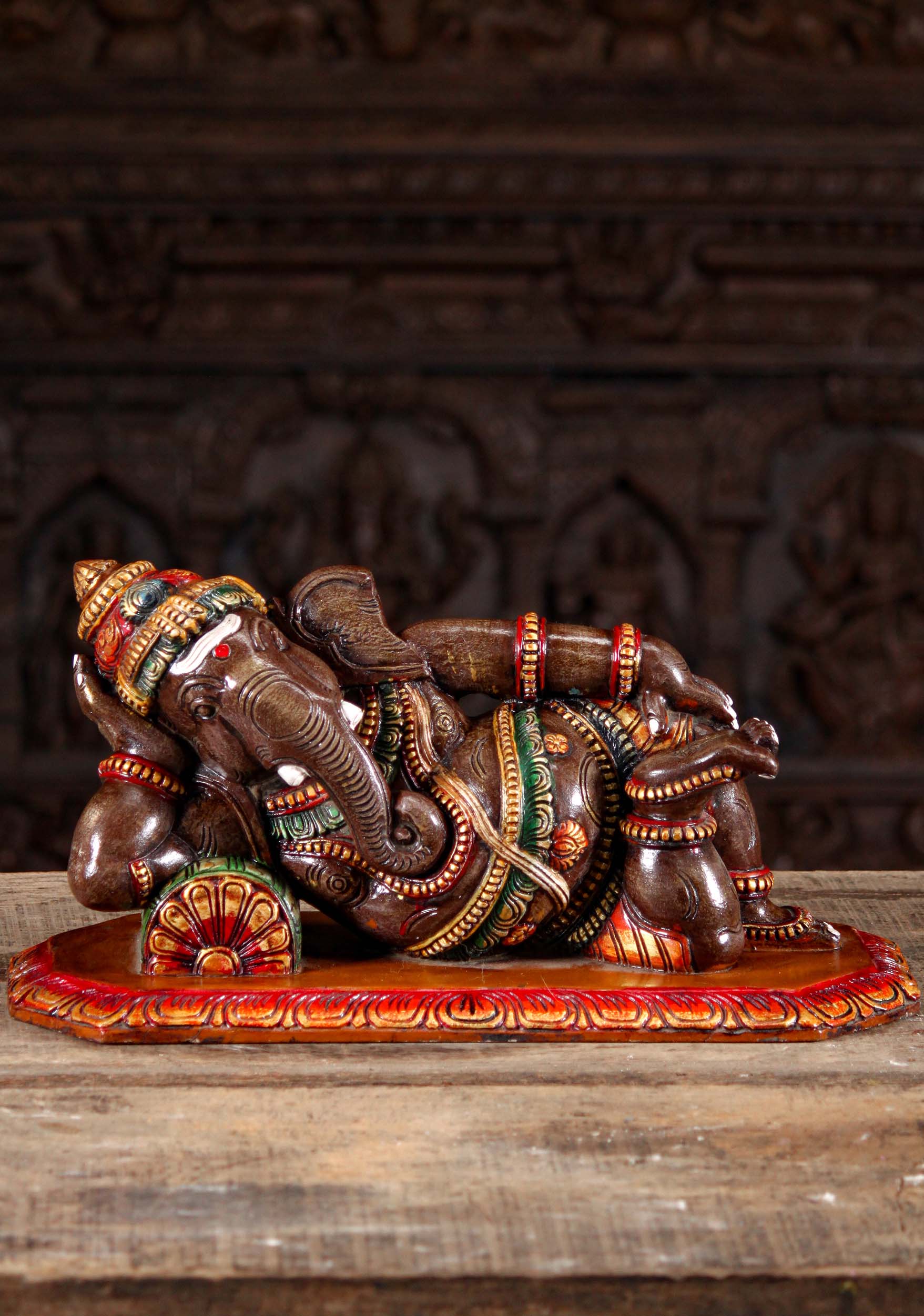 Wooden Brown Painted Ganesh Statue in a Completely Relaxed Pose Reclining on a Pillow 20"