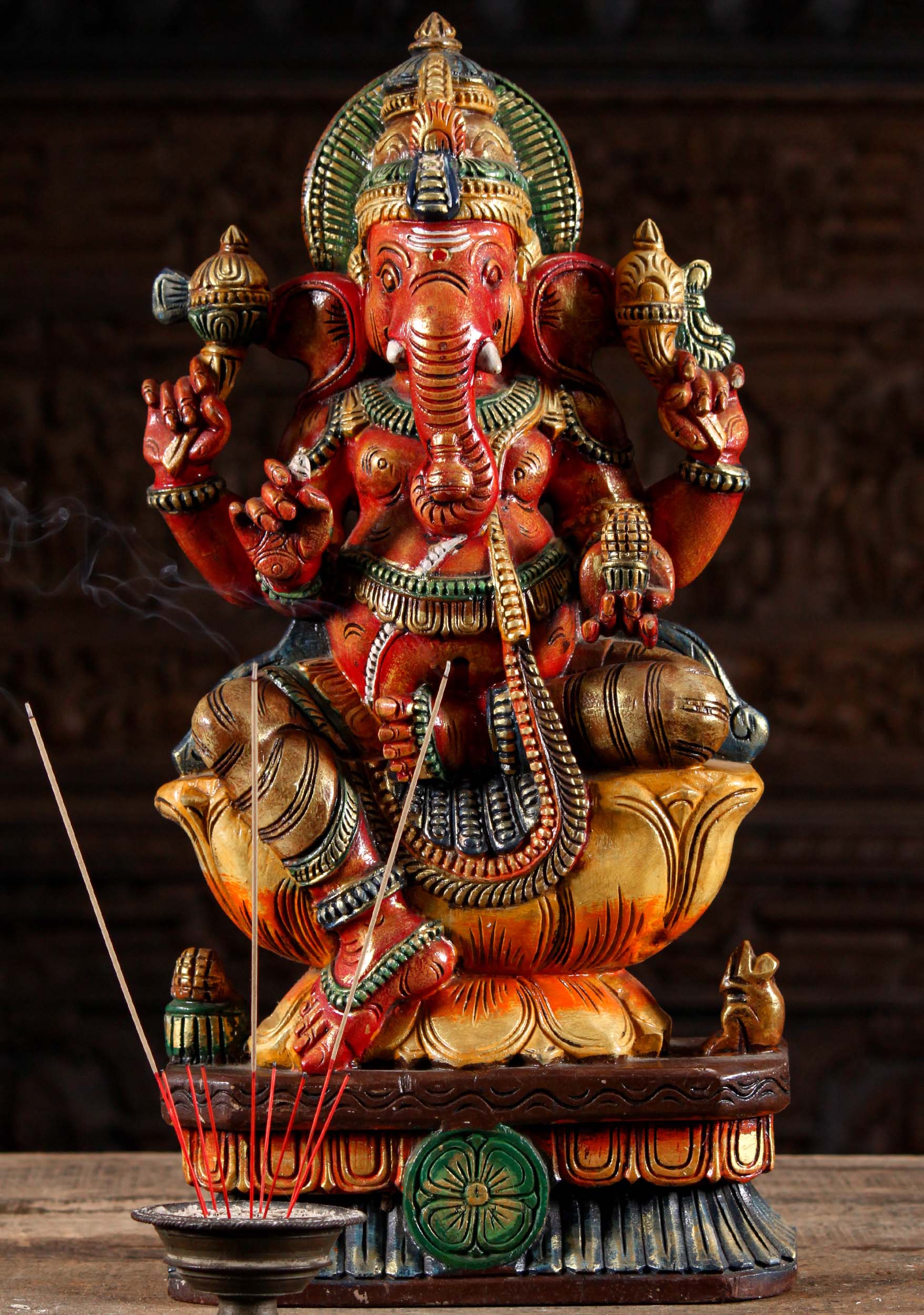 Red Painted Wood Hand Carved Seated Ganesha Statue on Lotus Base Holding Tusk 24"