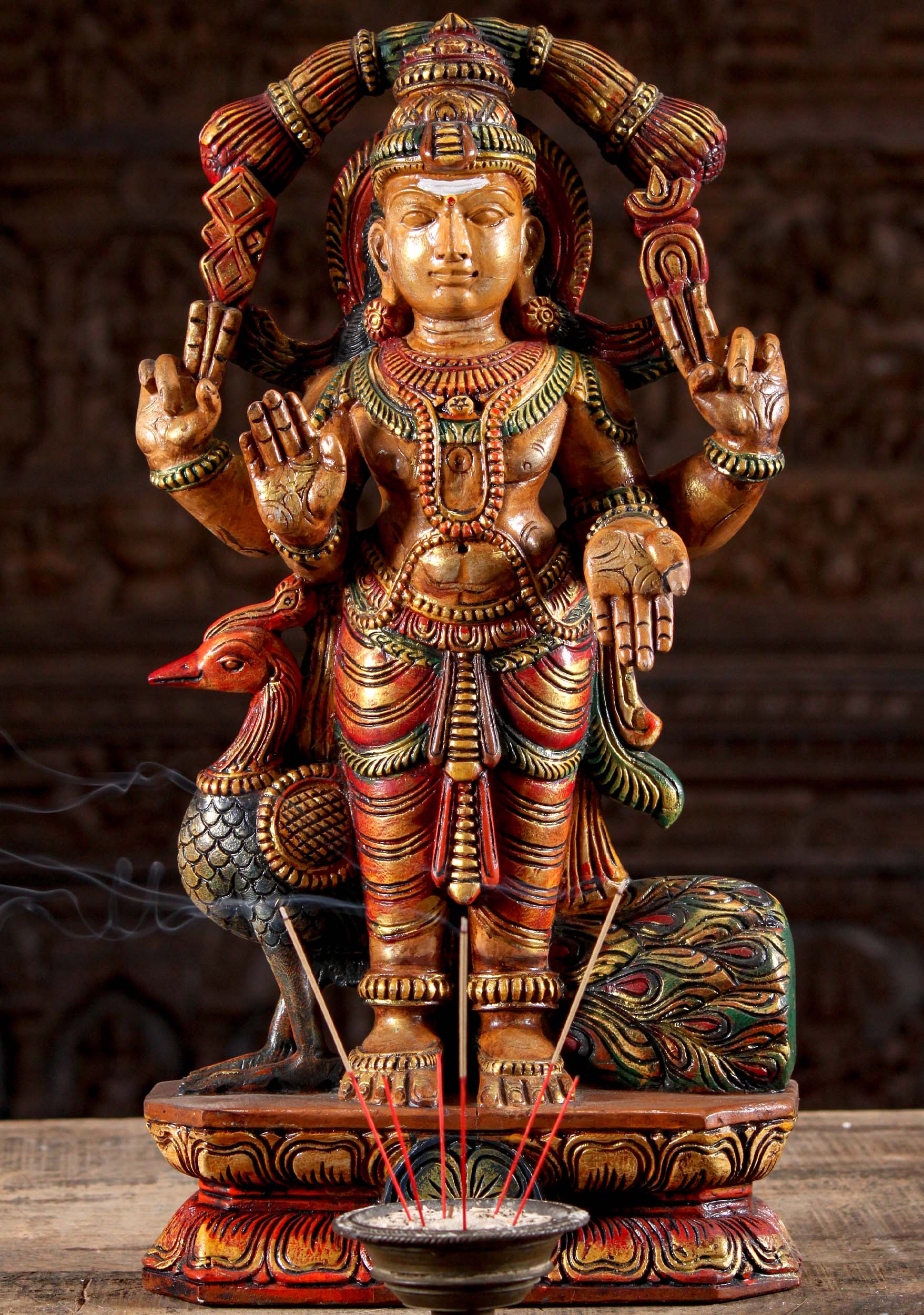 Colorfully Painted Neem Wood Murugan Sculpture with Peacock on a Lotus Base 24"