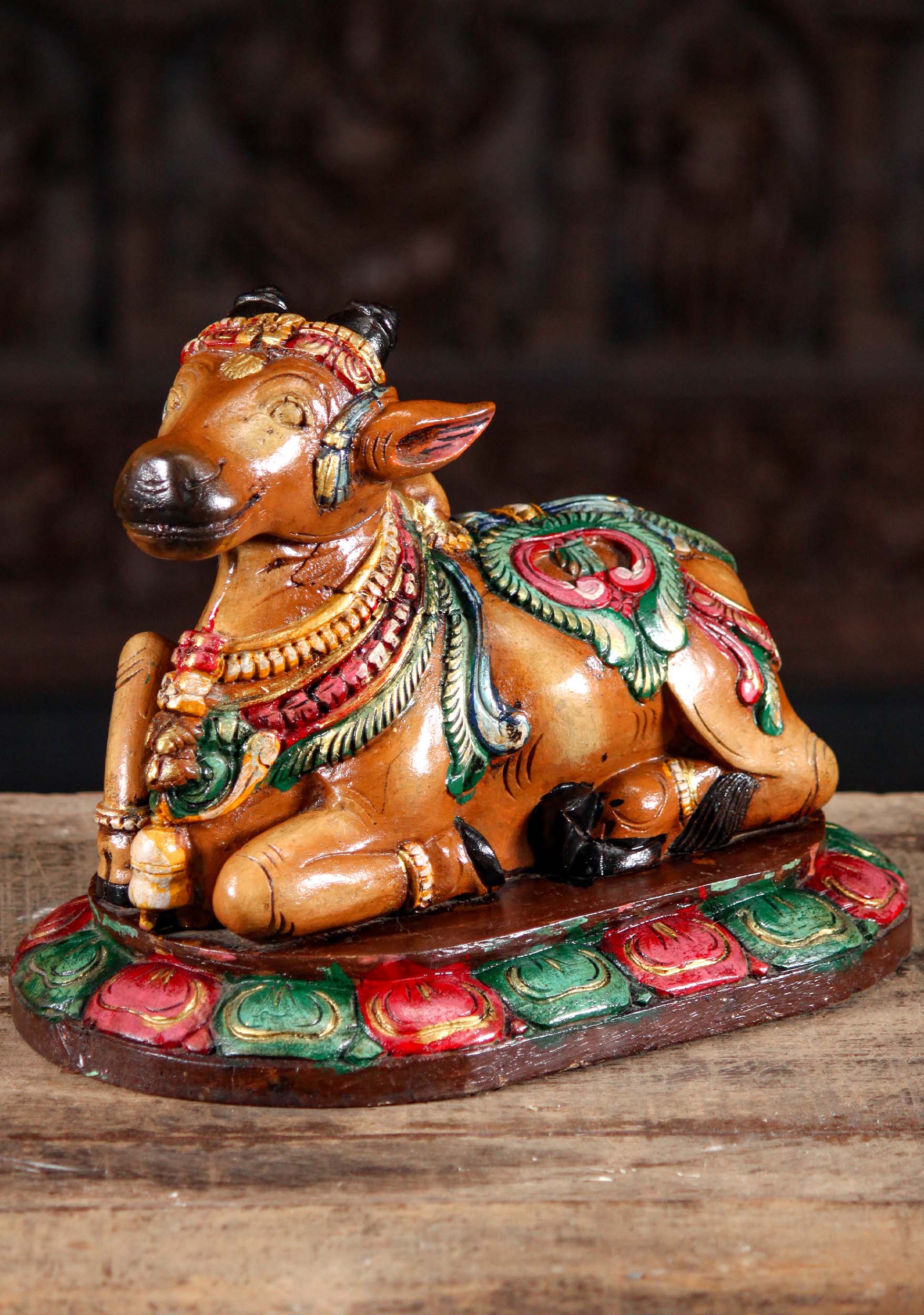 Wooden Hand Carved and Painted Statue of Shiva's Vahana or Vehicle the Bull, Nandi 10.5"