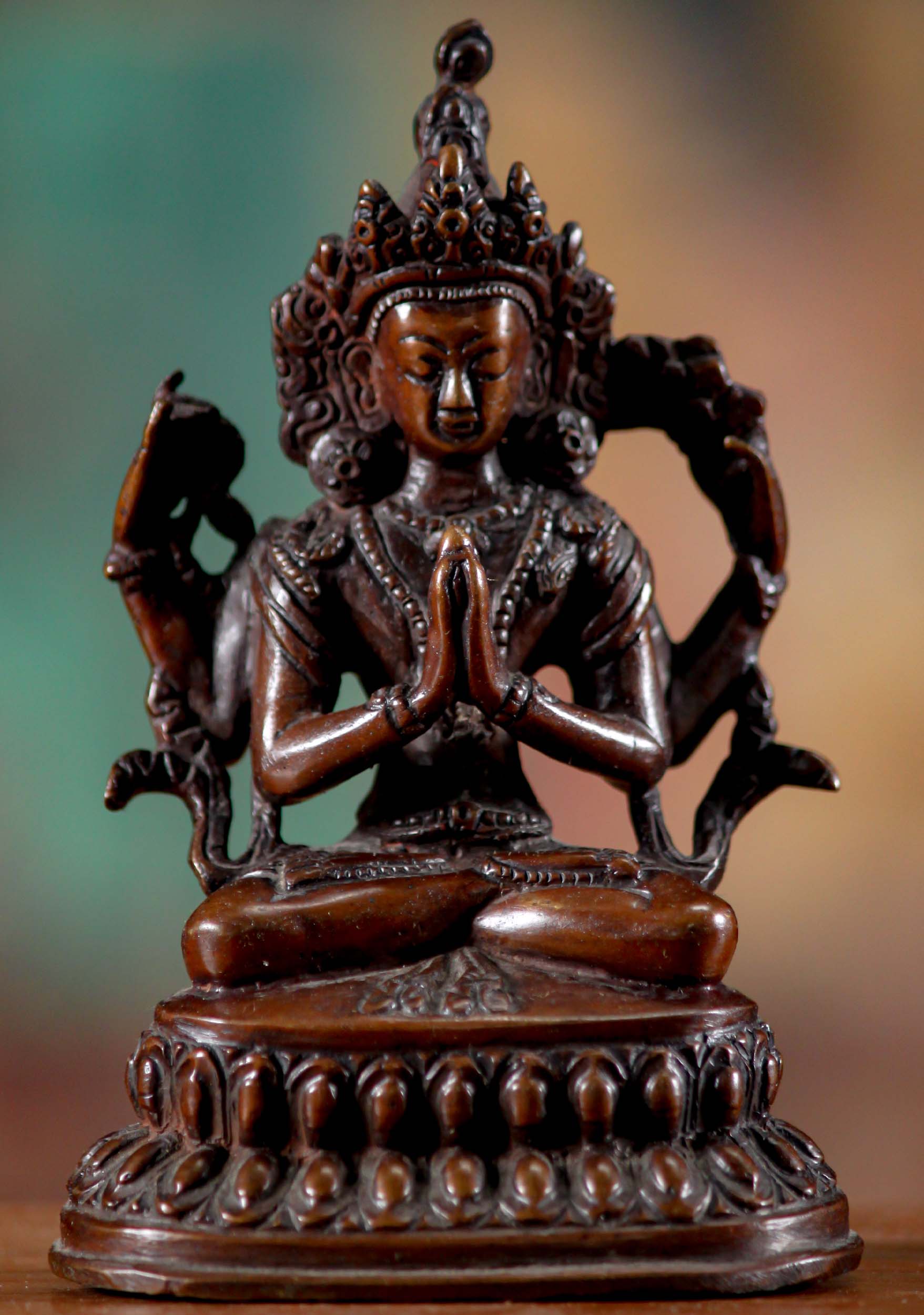 Lost Wax Method Copper Seated Namaste Avalokiteshvara Statue on Lotus Base 4"