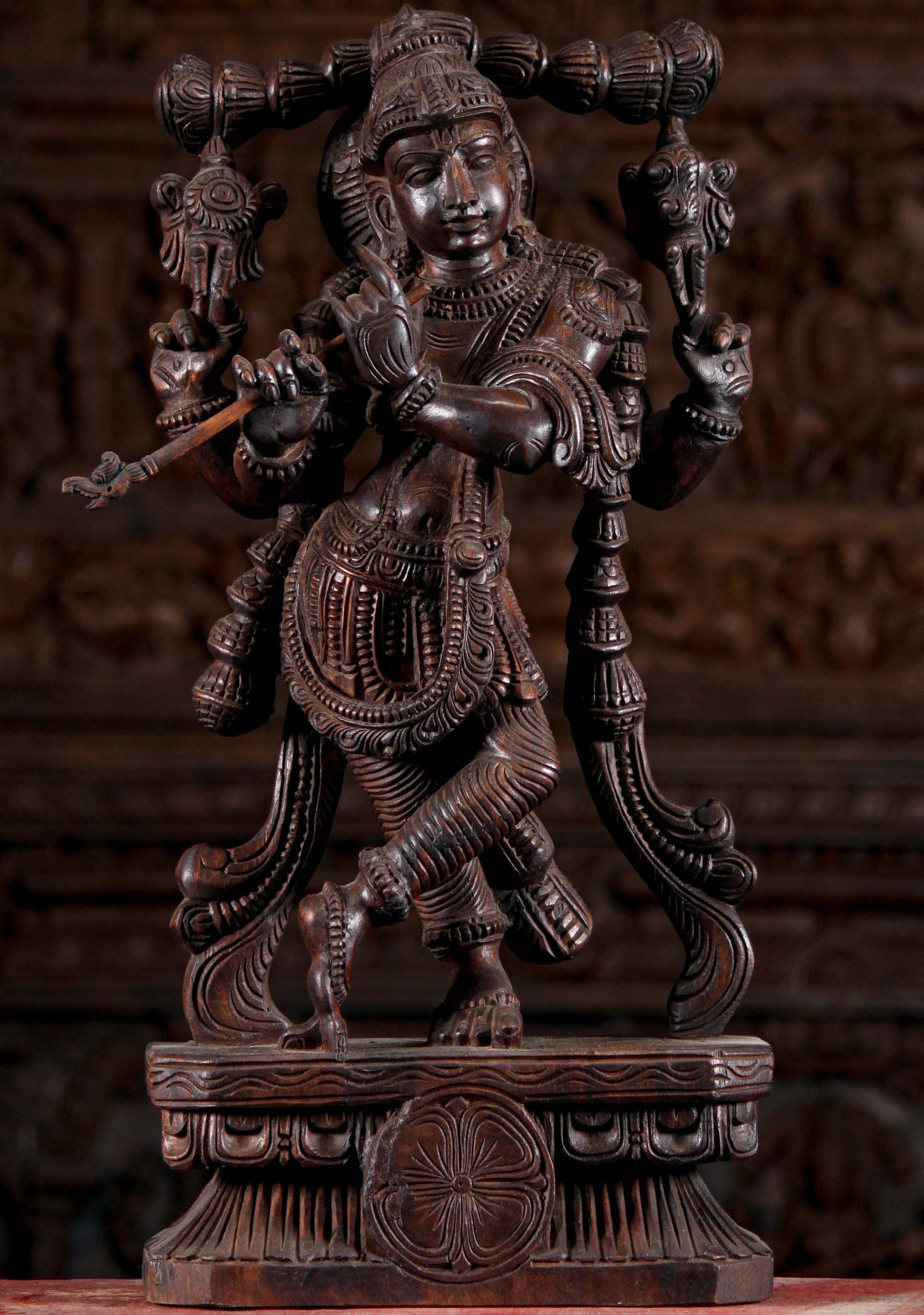 Wood Gopal Krishna Standing Relaxed Playing Flute Sculpture Perfect For Home Altar 24"