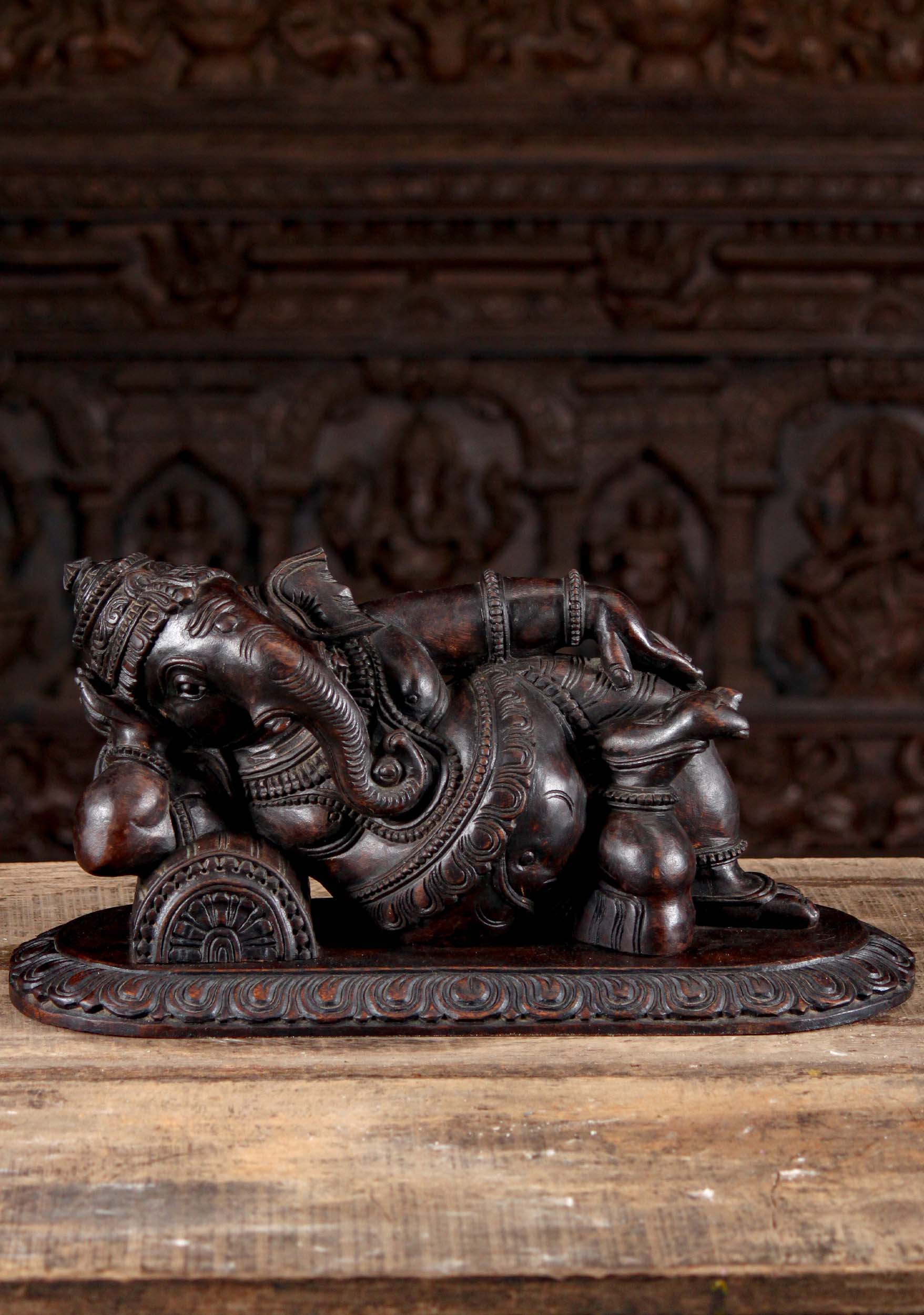 Hand Carved Wood Reclining "Siana" Ganesha Statue Remover of Obstacles Hindu God 20"