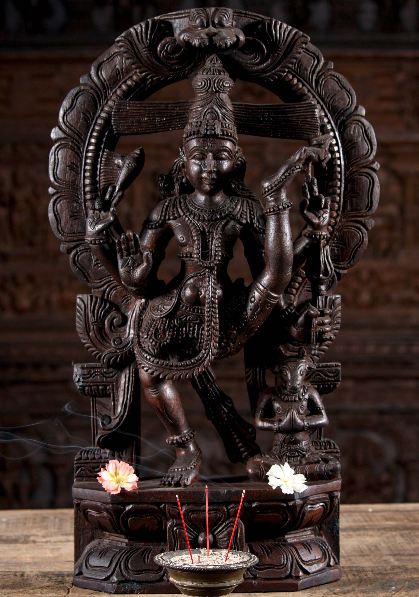 Wooden Dancing Tandava Shiva Sculpture with Arch and Namaste Nandi 24"