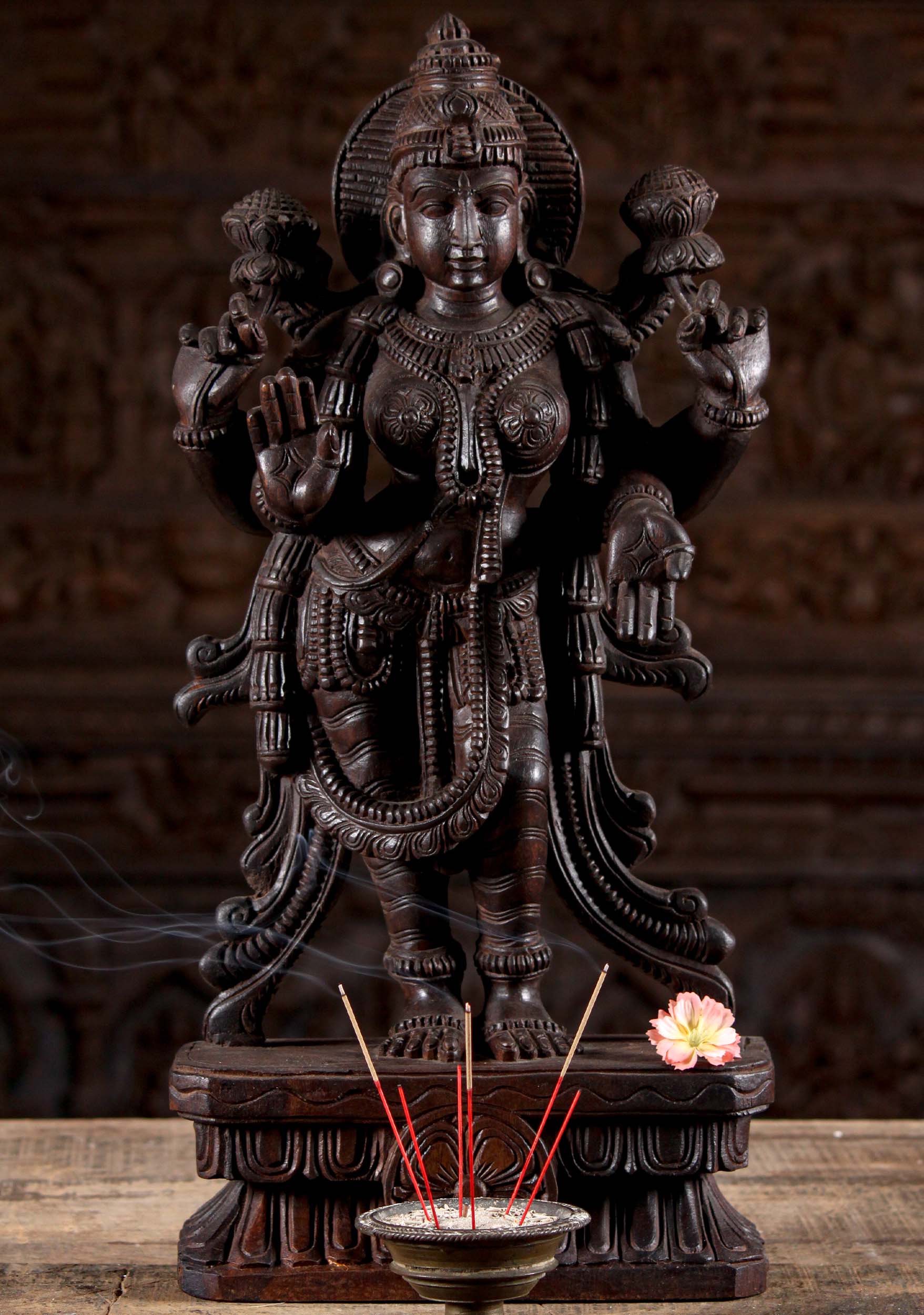 Wooded Standing Abhaya Mudra Lakshmi Statue Holding Lotus Flowers on a Lotus Base 24"