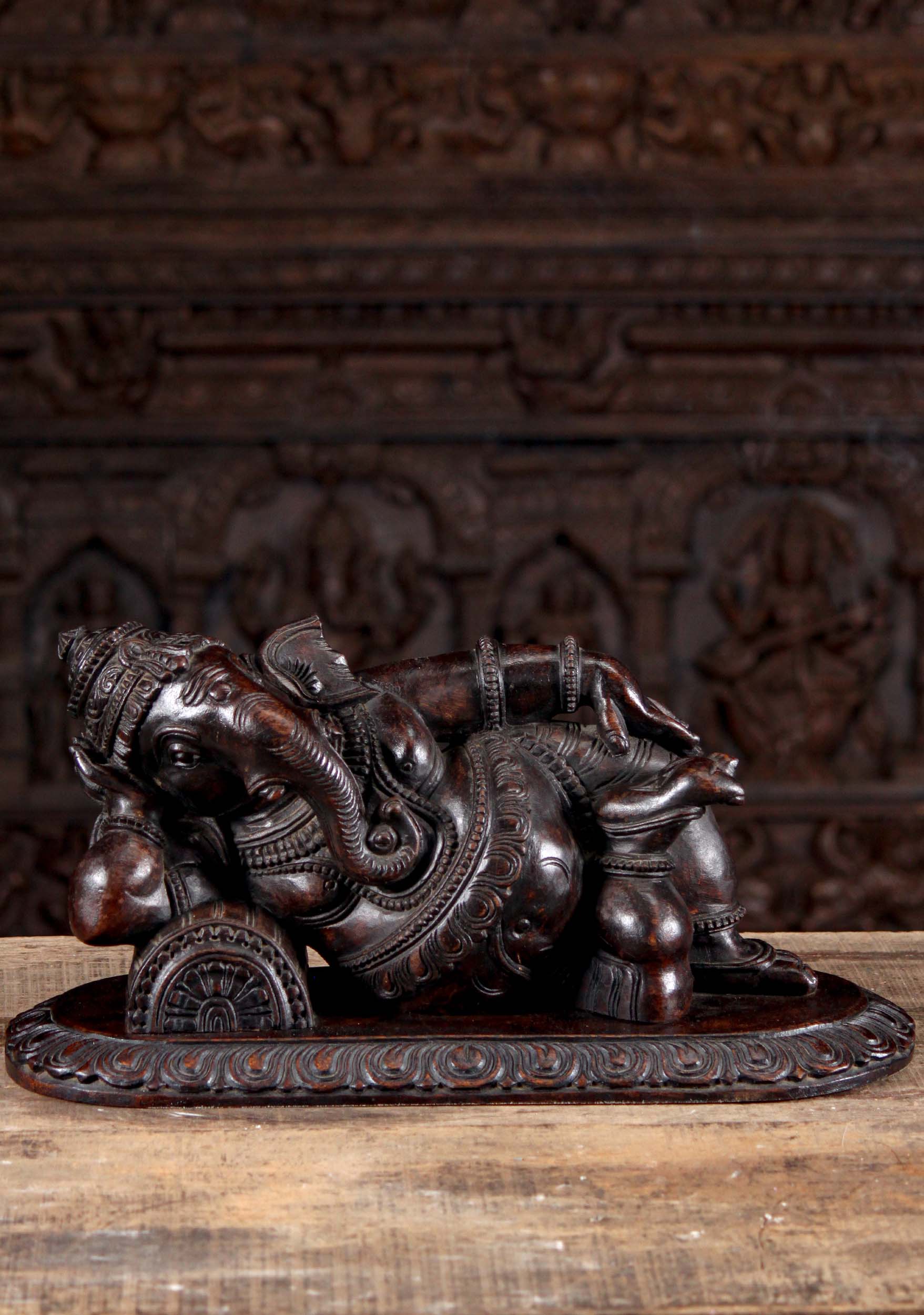 Hand Carved Wood Reclining "Siana" Ganesha Statue Remover of Obstacles Hindu God 21"