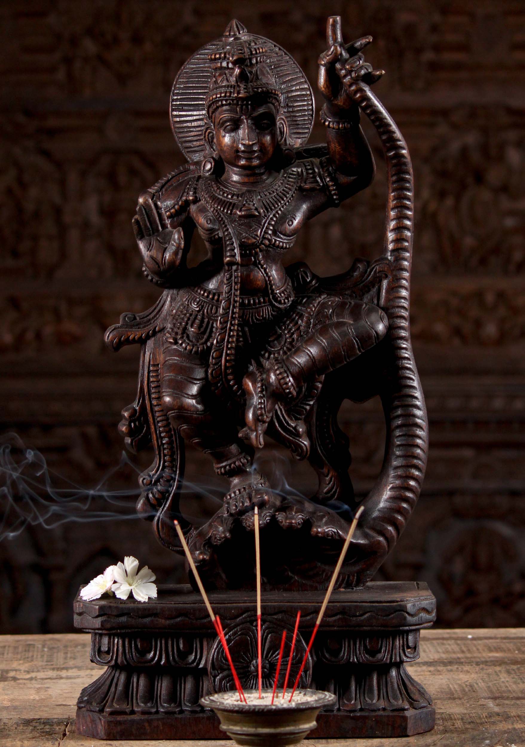 Wood Lord Krishna Statue Dancing on the 5 Heads of the Serpent Kaliya Hand Carved in India  24"