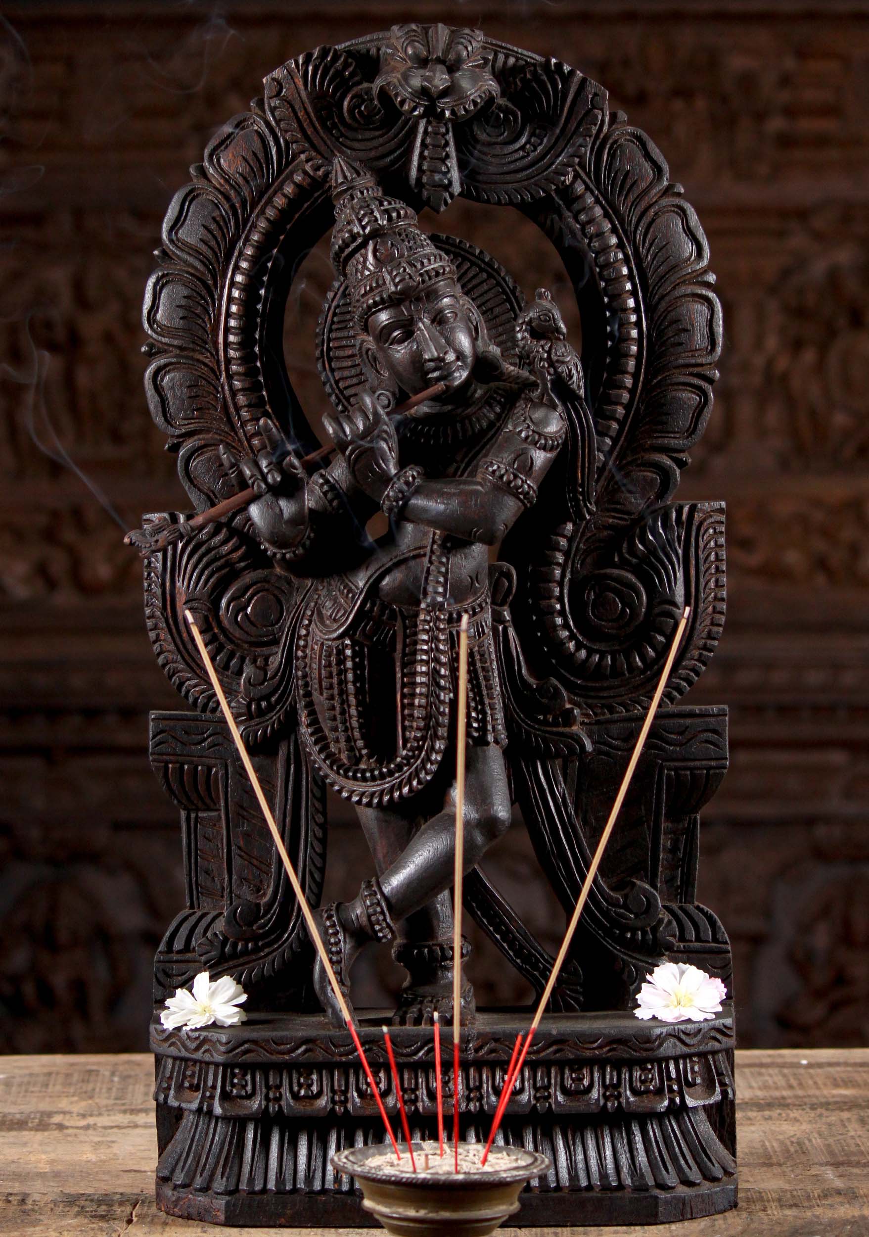 Wooden Gopal Krishna Playing Flute Under Arch with Face of Mahakala Above 24"